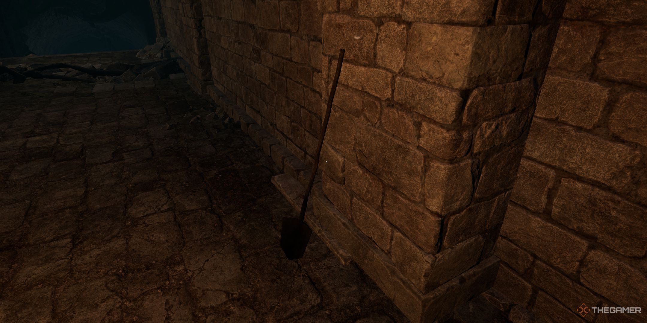The shovel propped up against the wall in the Asylum section of Tainted Grail The Fall of Avalon.