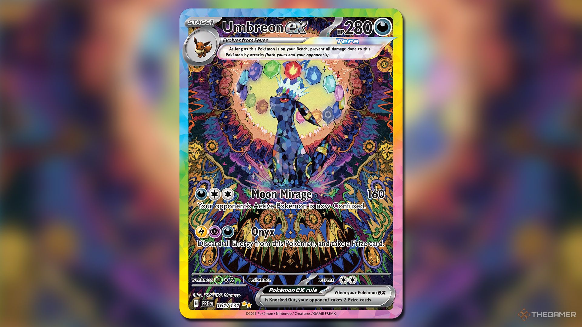 Umbreon ex from the Prismatic Evolutions set in Pokemon TCG.