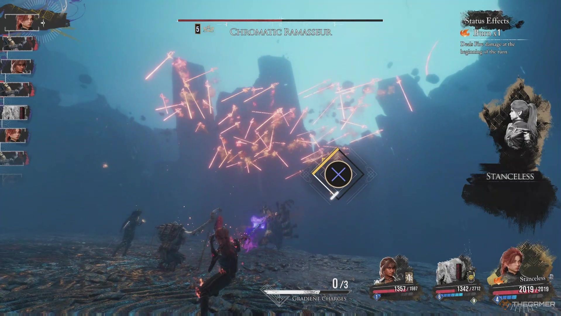 Maelle using Rain Of Fire against the Chromatic Ramasseur in Clair Obscur: Expedition 33.