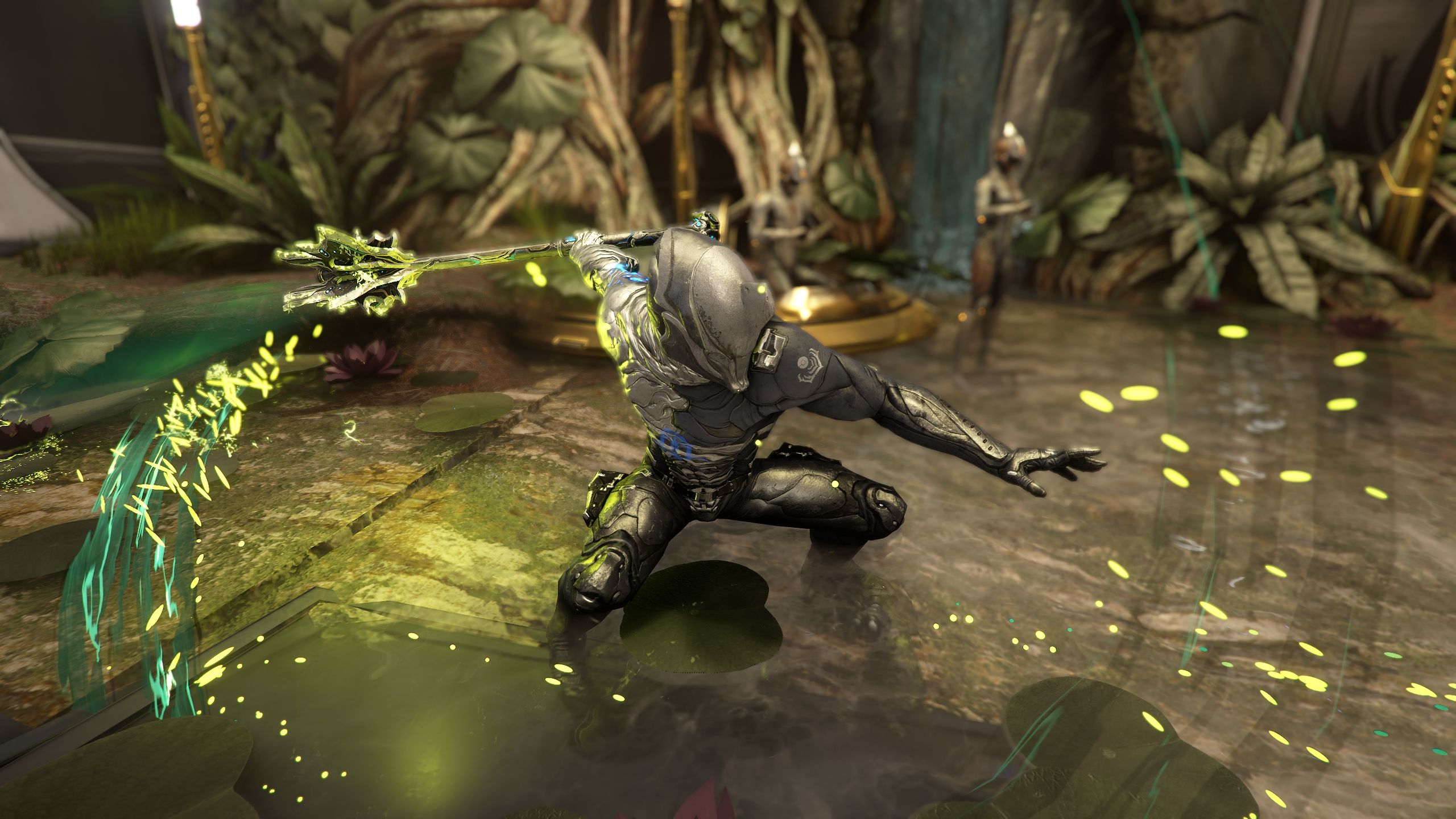 Excalibur swinging the Magistar in Warframe