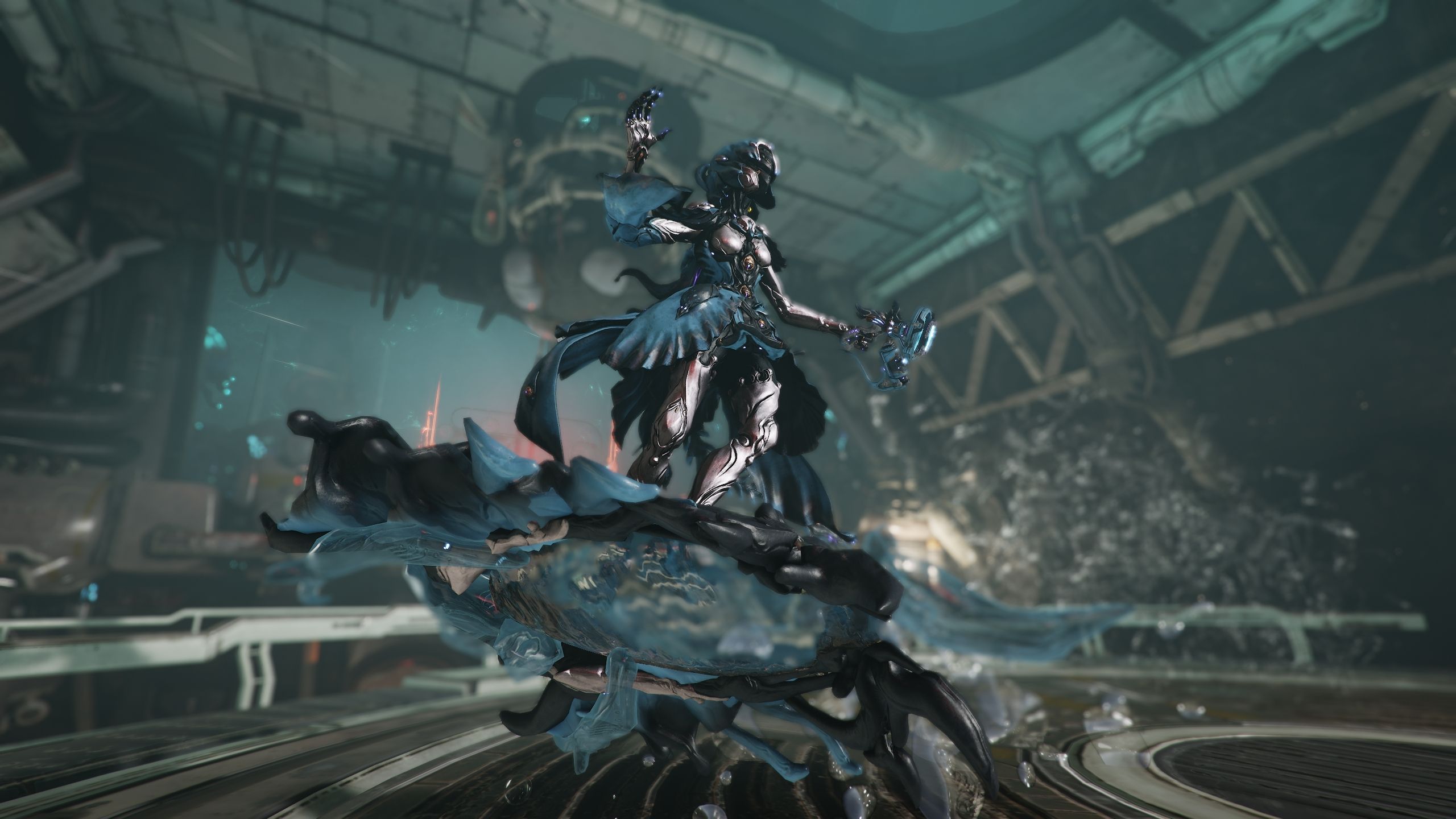 Yareli Wielding the Kompressa while riding the Merulina in Warframe.