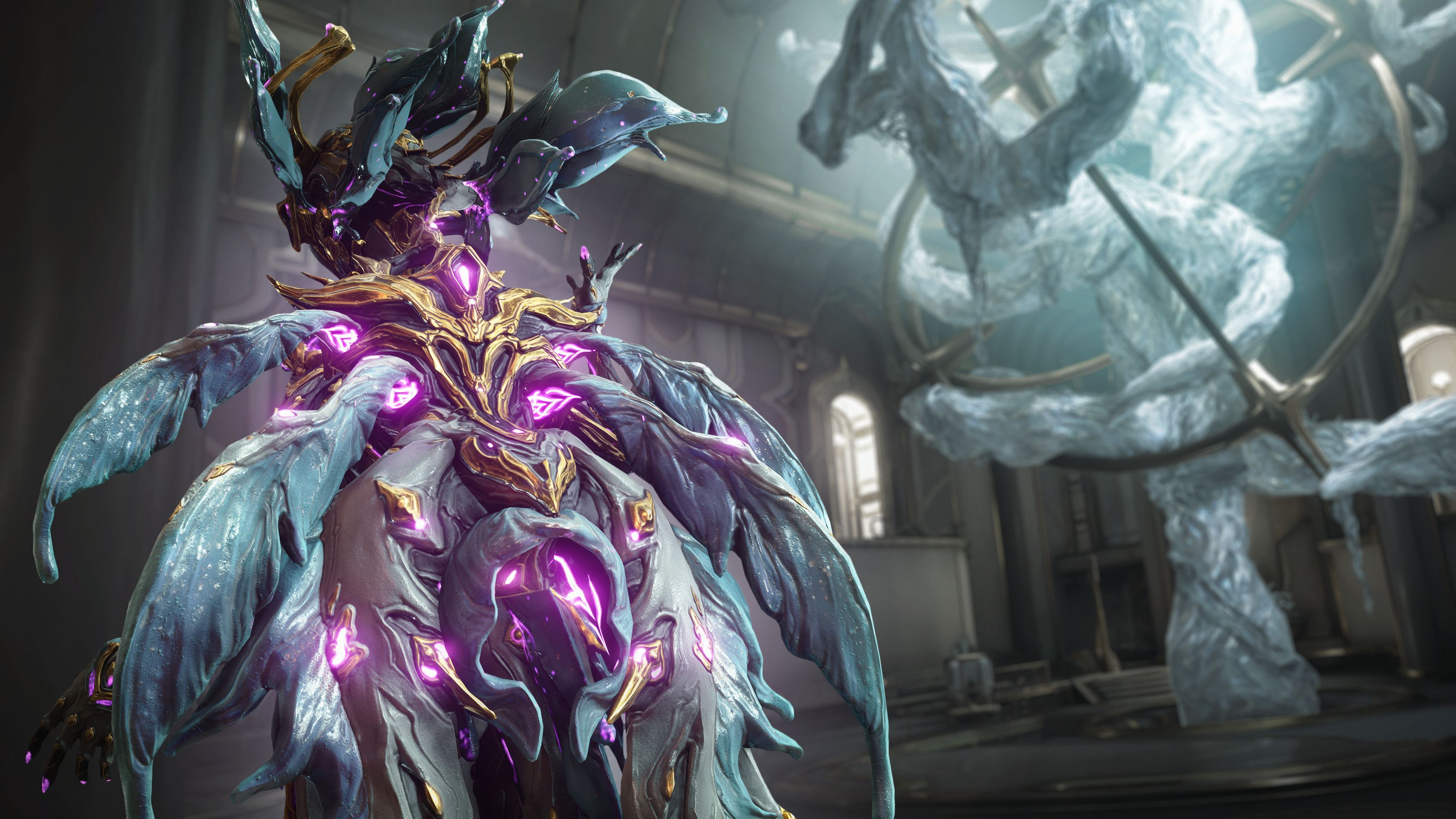 Yareli Prime posing with her Syandana in Warframe.
