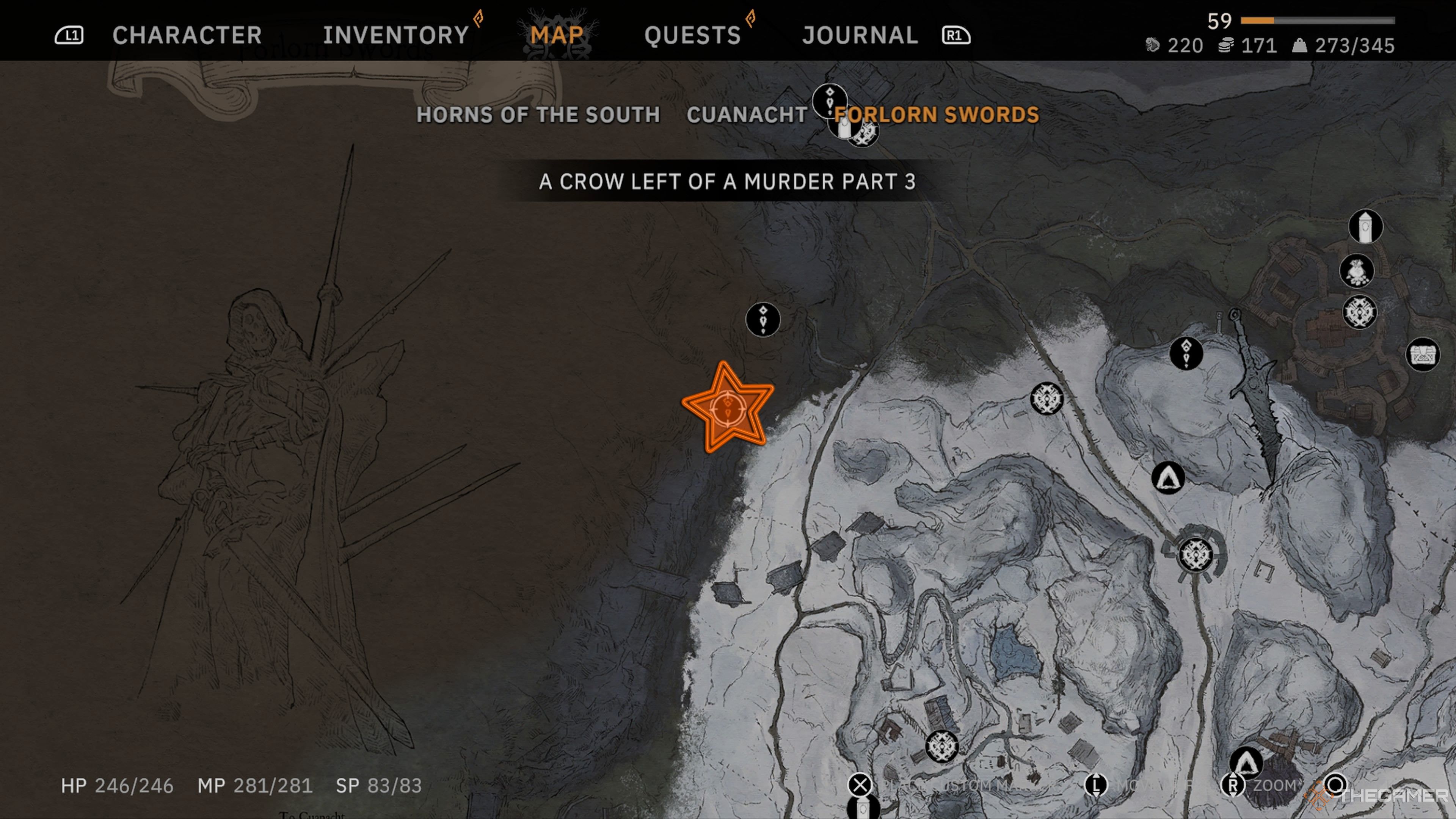 Close up view of a map of the northeaster end of the Forlorn Swords with an orange star edited onto Sirja's location in Tainted Grail: The Fall Of Avalon.