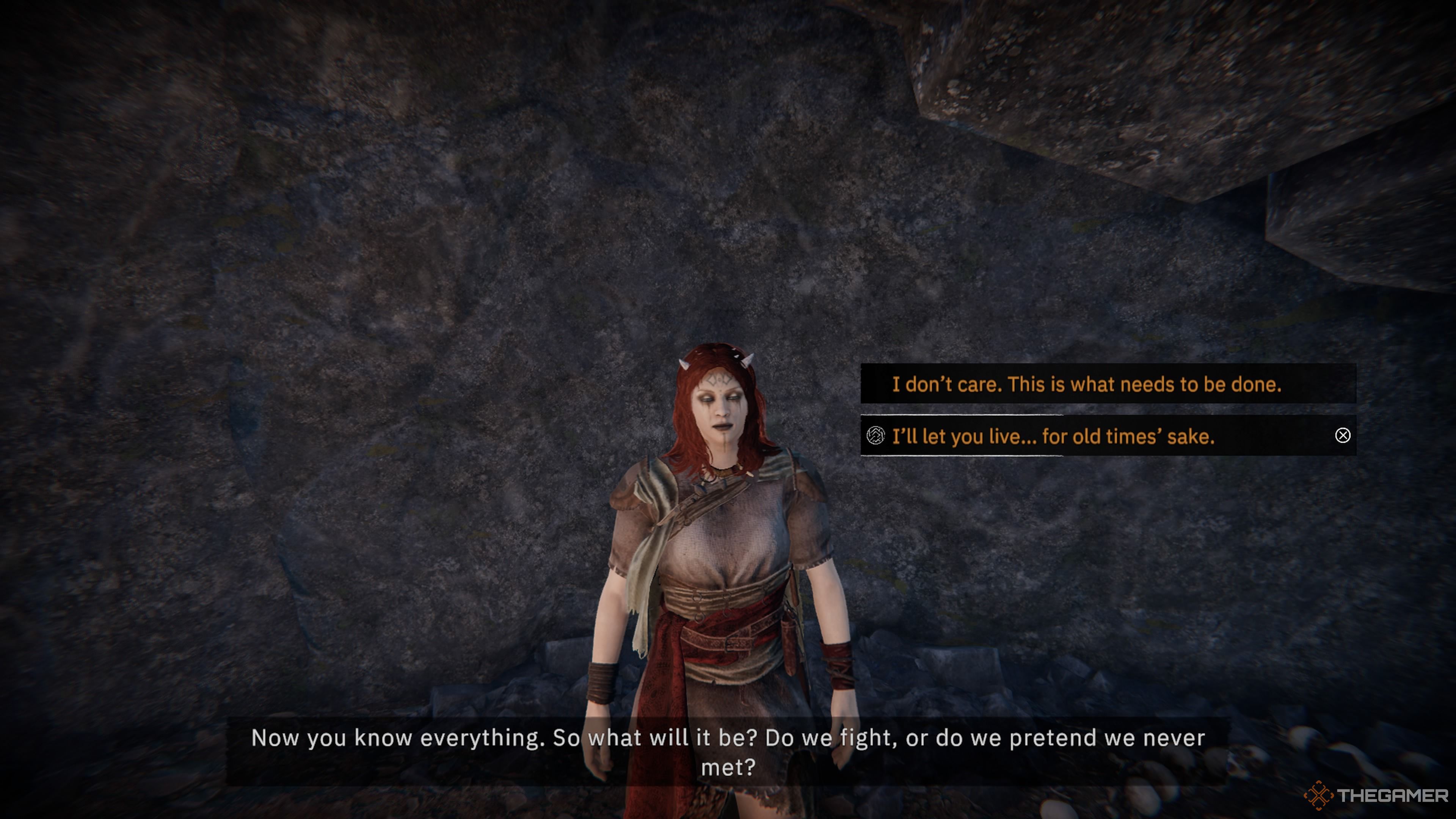 Player character speaking to Sirja and faced with the decision to fight or spare her in Tainted Grail: The Fall Of Avalon.