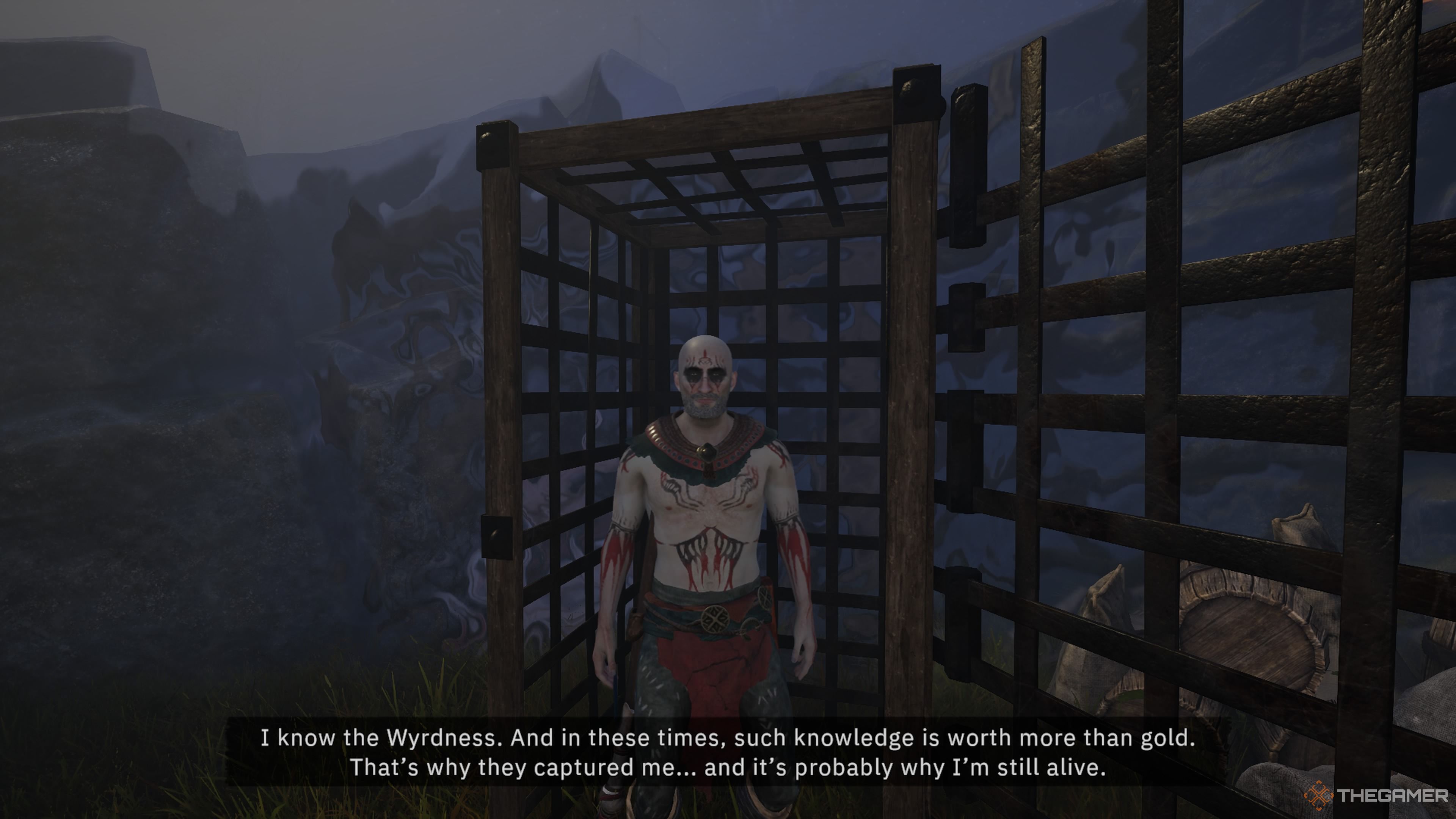 Player character rescuing a Pictish man named Vidar from a cage in Tainted Grail: The Fall Of Avalon.