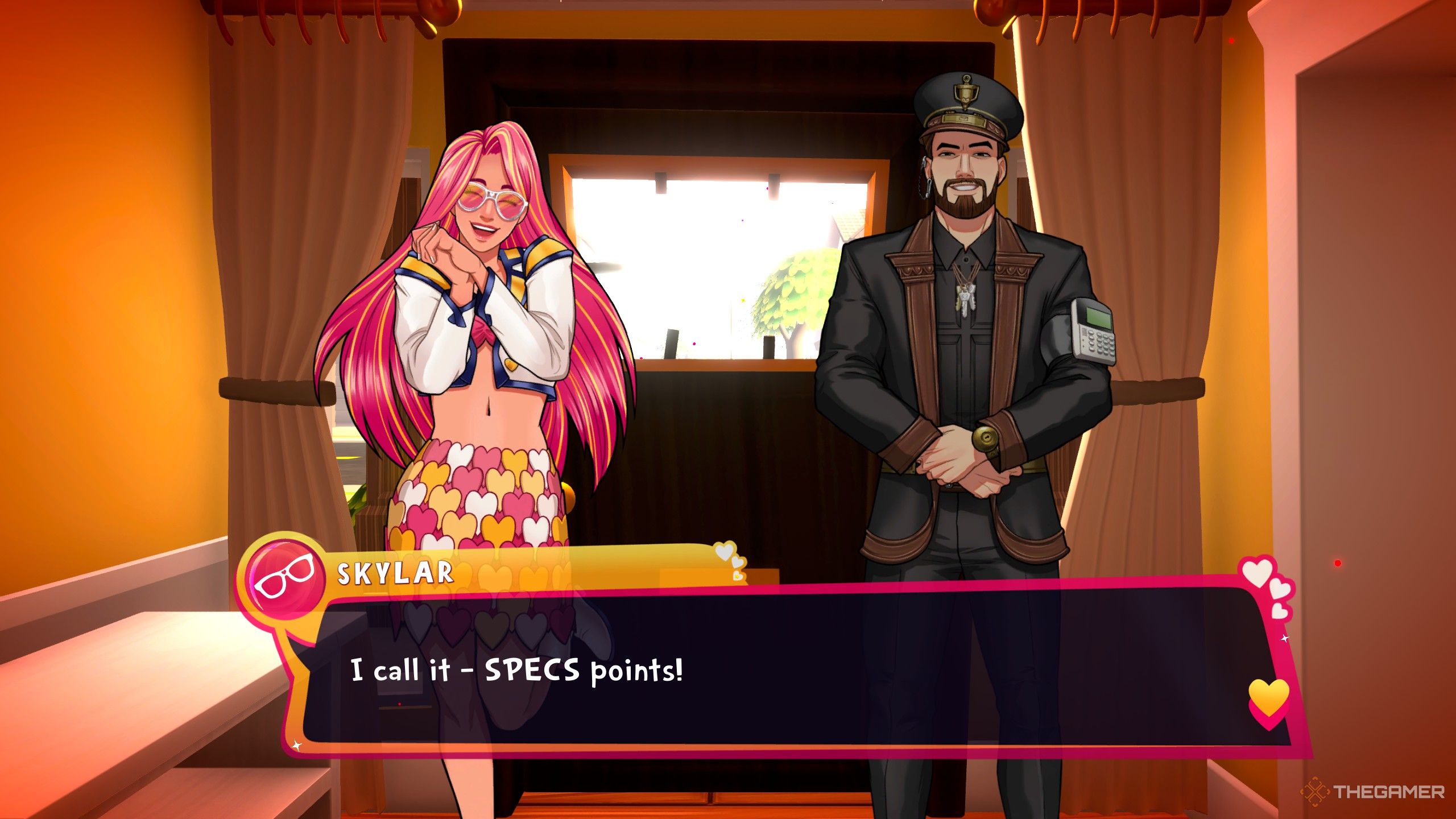 Skylar beside Dorian talking about SPECS Points in Date Everything.
