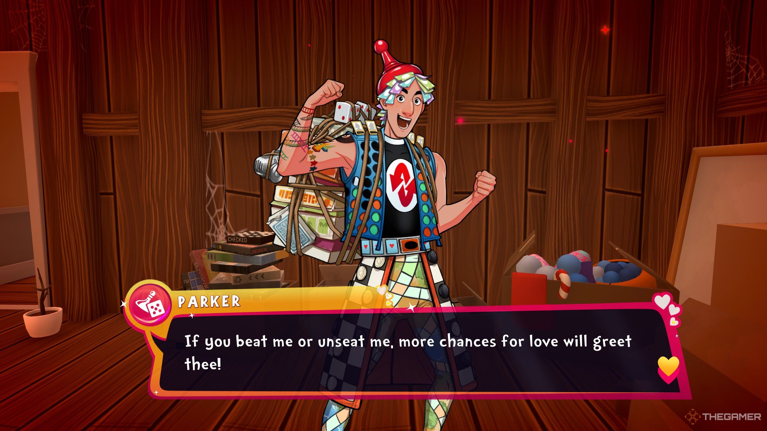 Parker explaining that beating him will increase your chances of love in date everything.