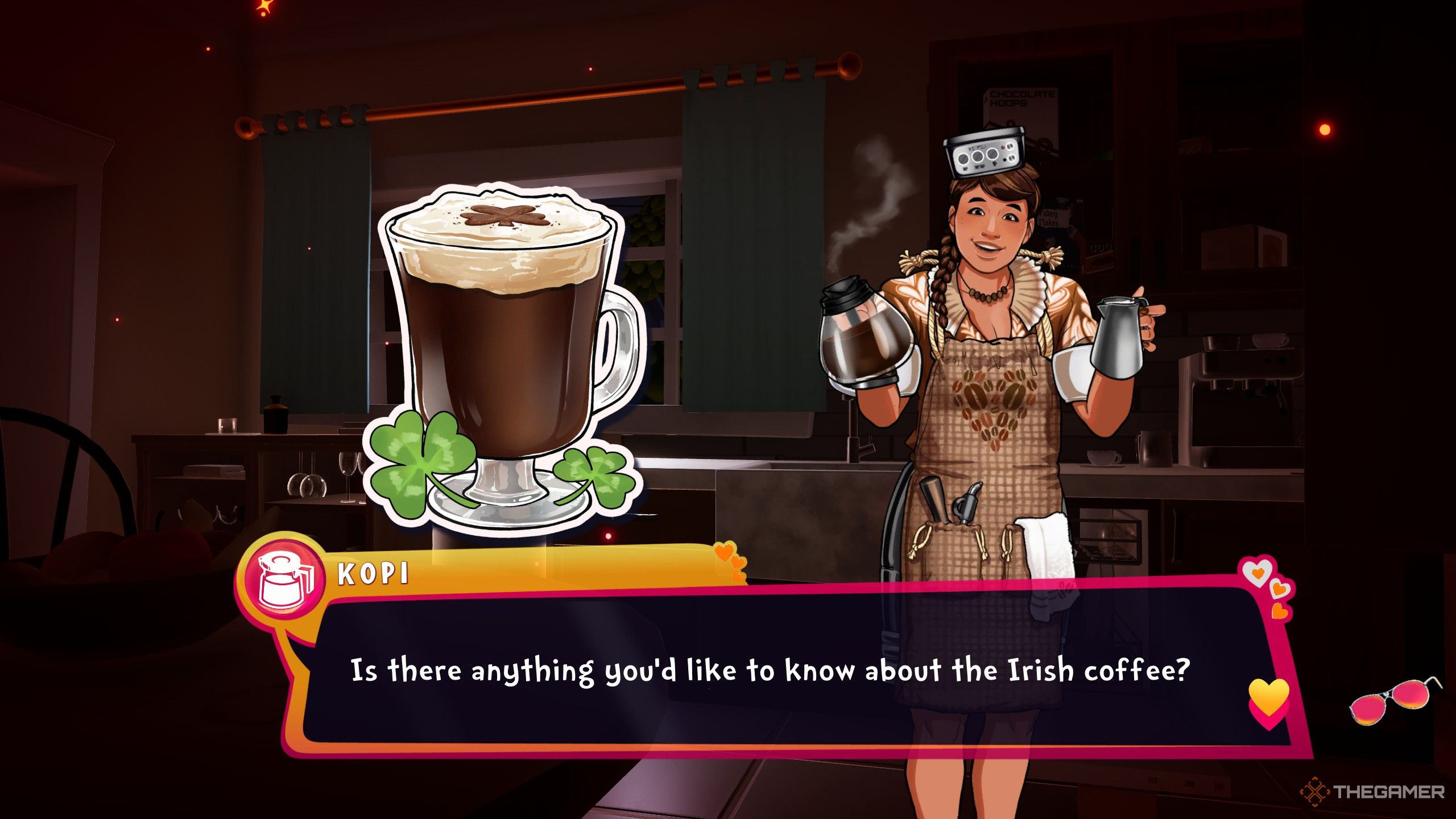 Kopi giving you an irish coffee in Date everything.