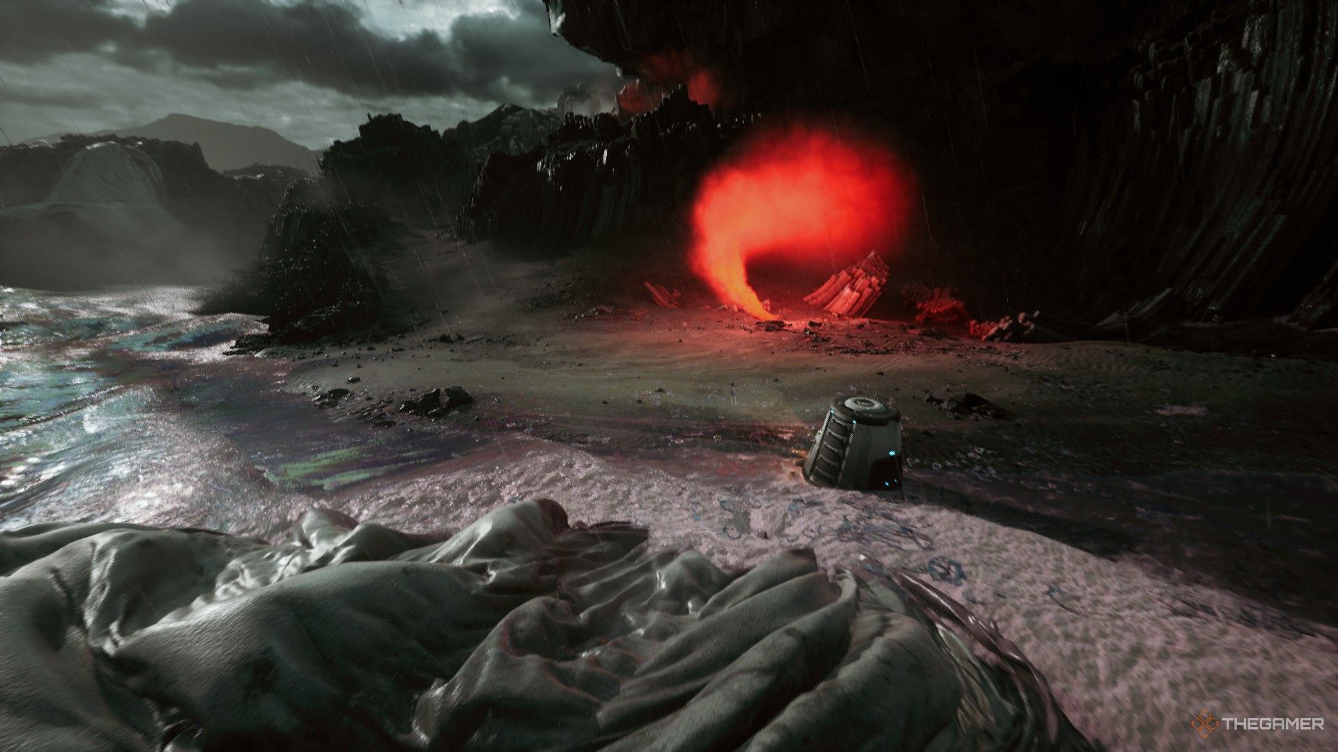 jan's landing pod on a beach near a guidance flare in the opening sequence of the alters.