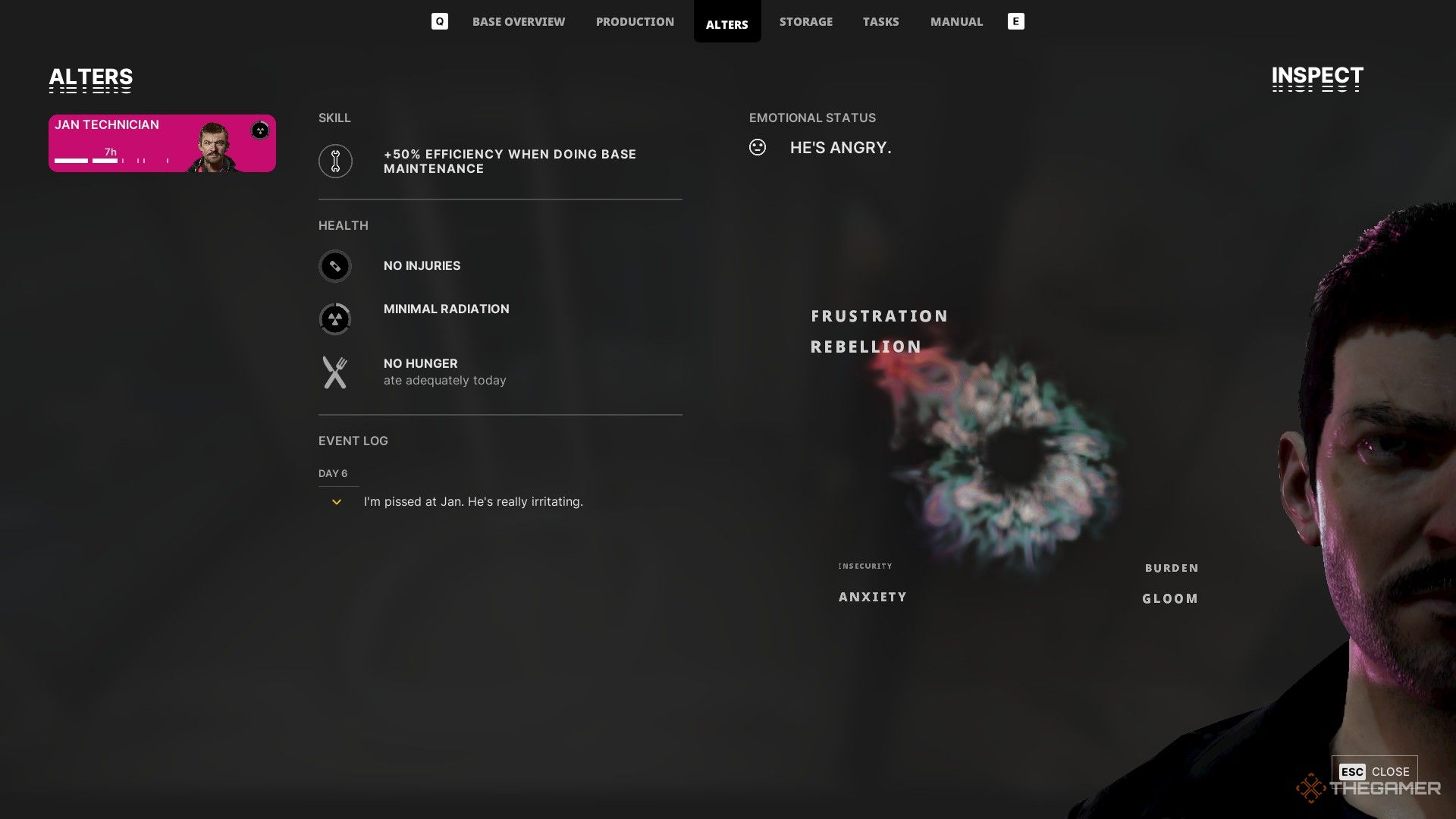 the technician's status screen early in the game in the alters.