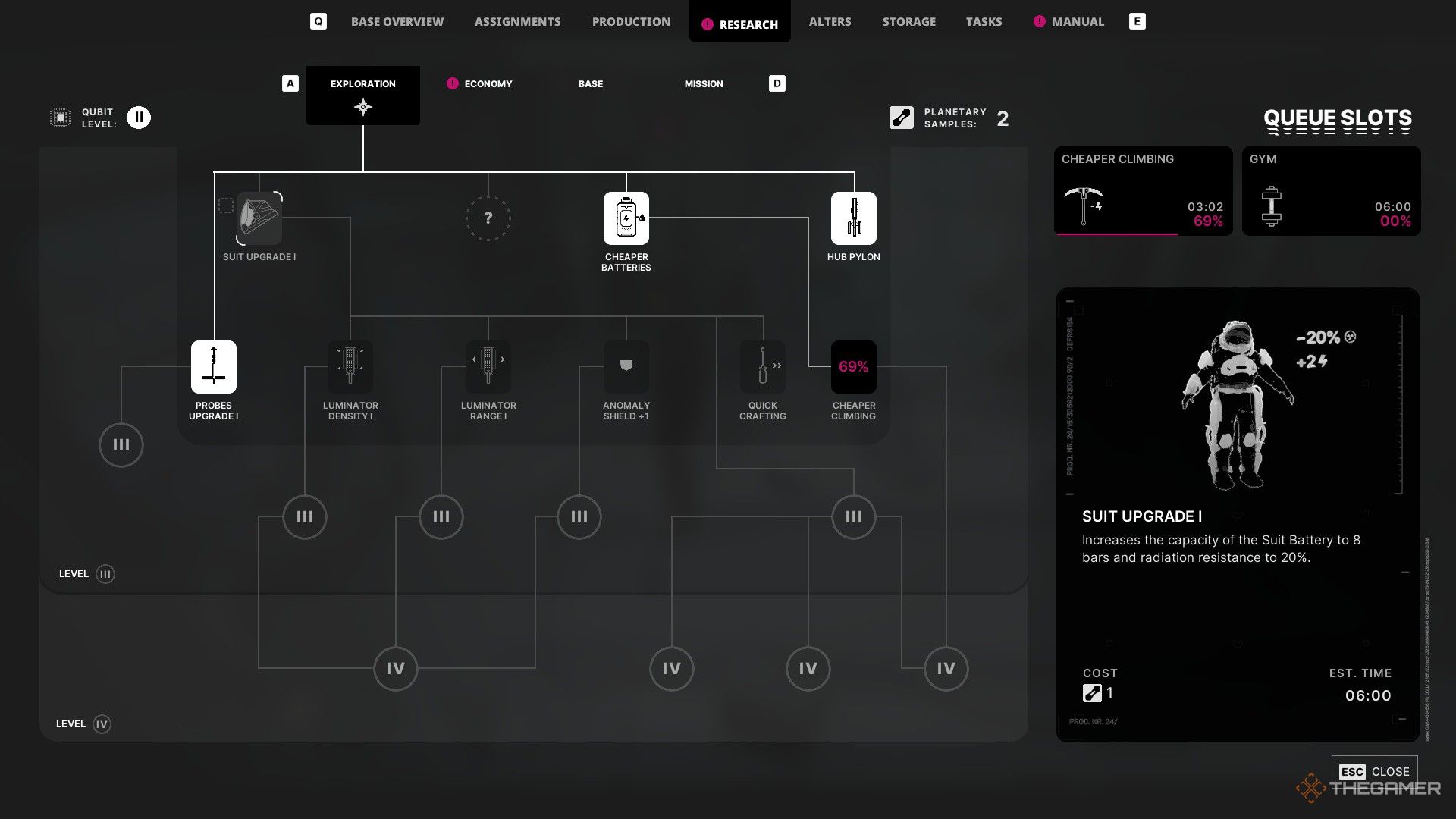 the research tree in the alters, with suit upgrade 1 highlighted.