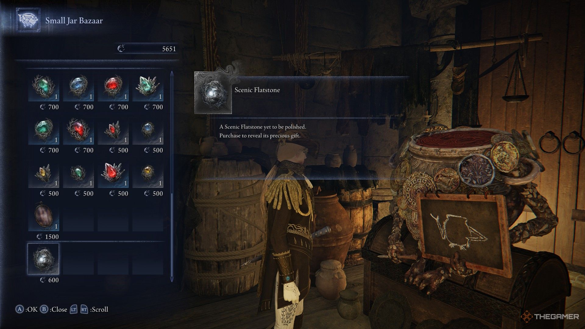 Duchess purchases a Scenic Flatstone from the Small Jar Bazaar in Elden Ring Nightreign.