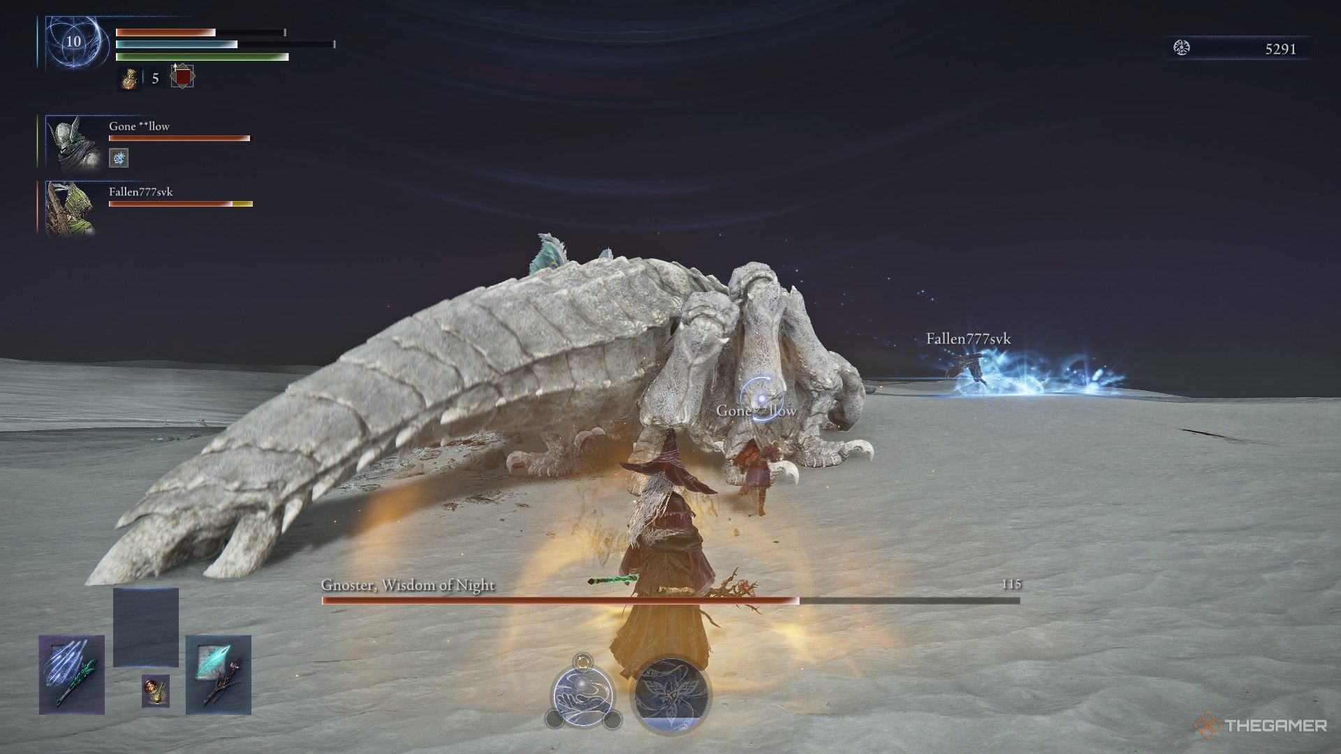 Recluse stands on a Warming Stone as she waits for the Sentient Pest to unharden its shell in Elden Ring Nightreign.