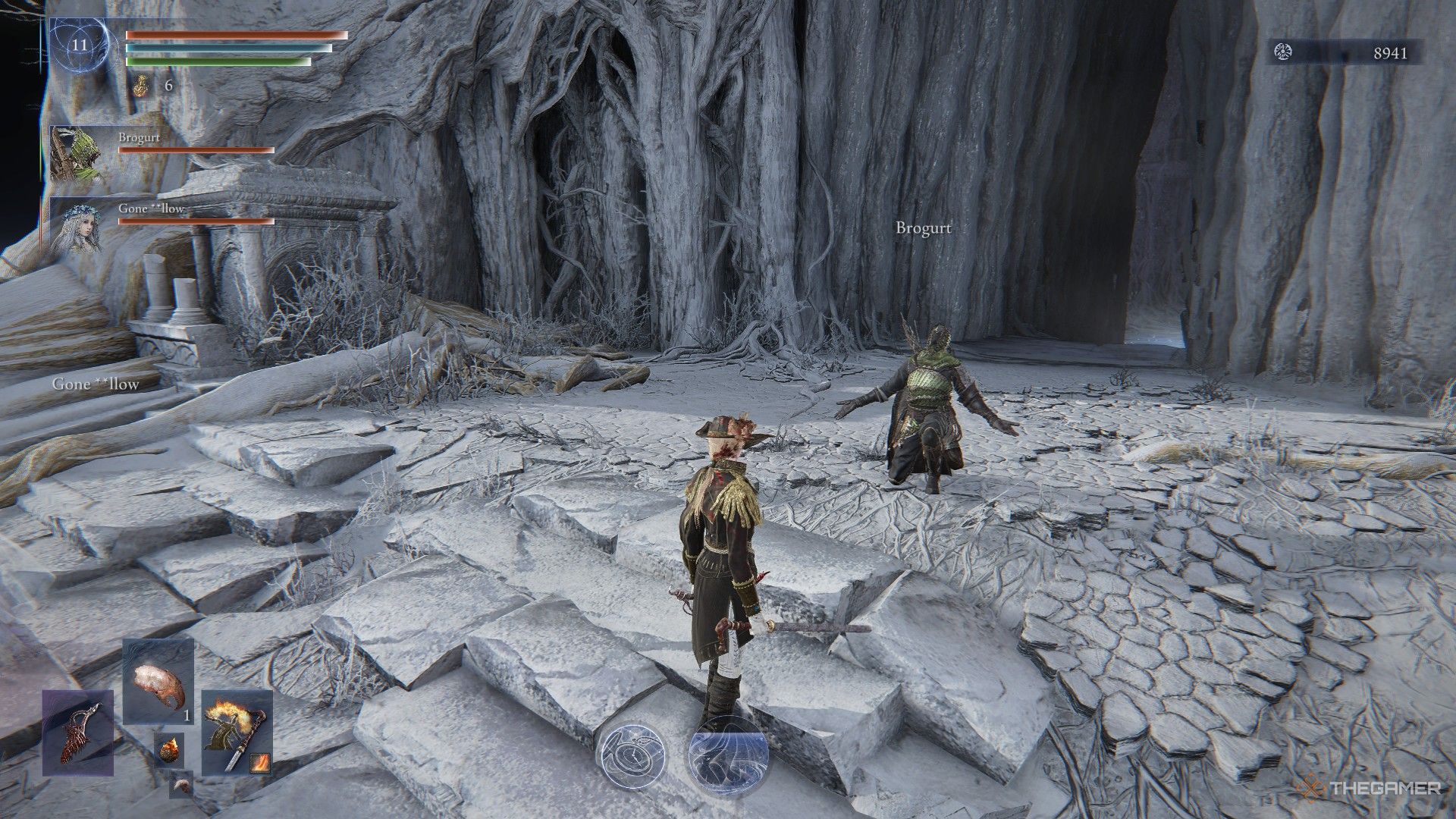 Duchess looks at Iron Eye who performs a pose in front of the gates to Sentient Pest in Elden Ring Nightreign.