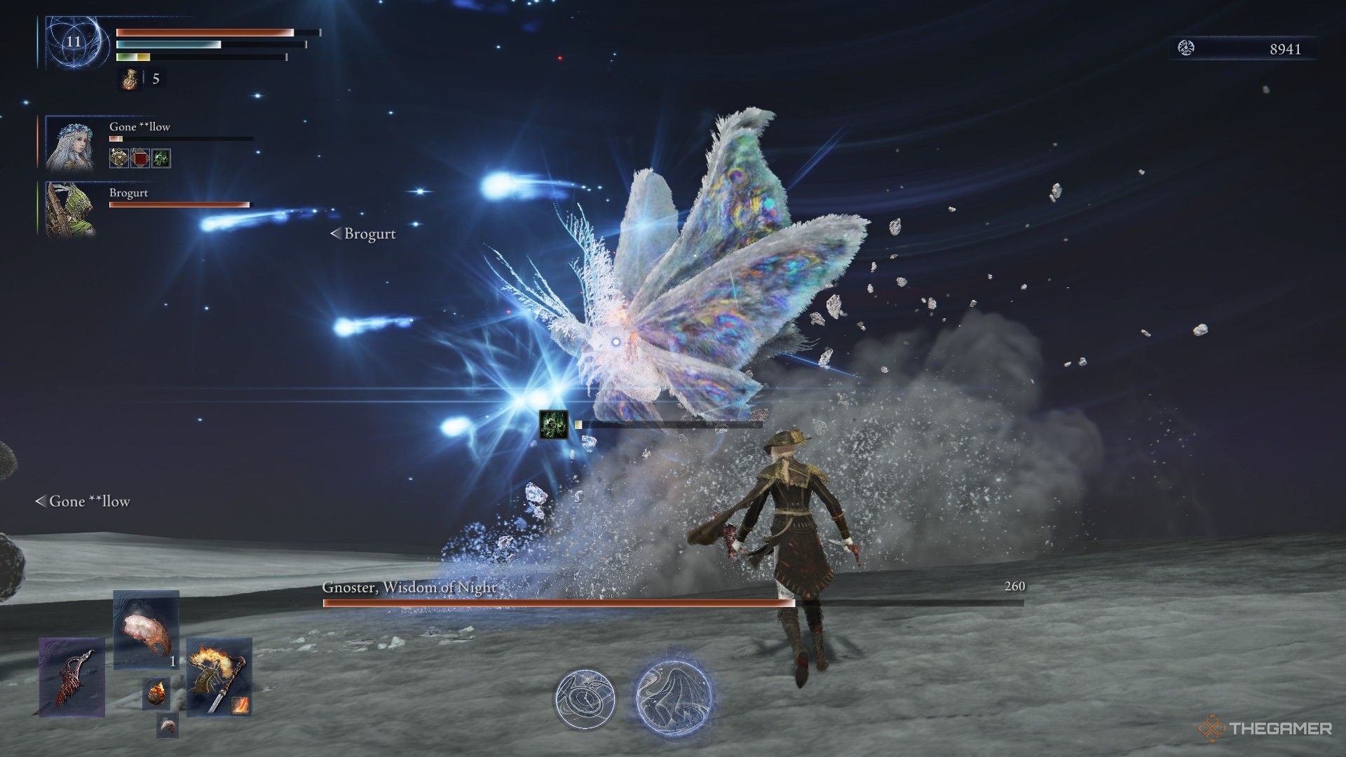 Sentient Pest Moth fires light magic energy during fight as Duchess waits in Elden Ring Nightreign.