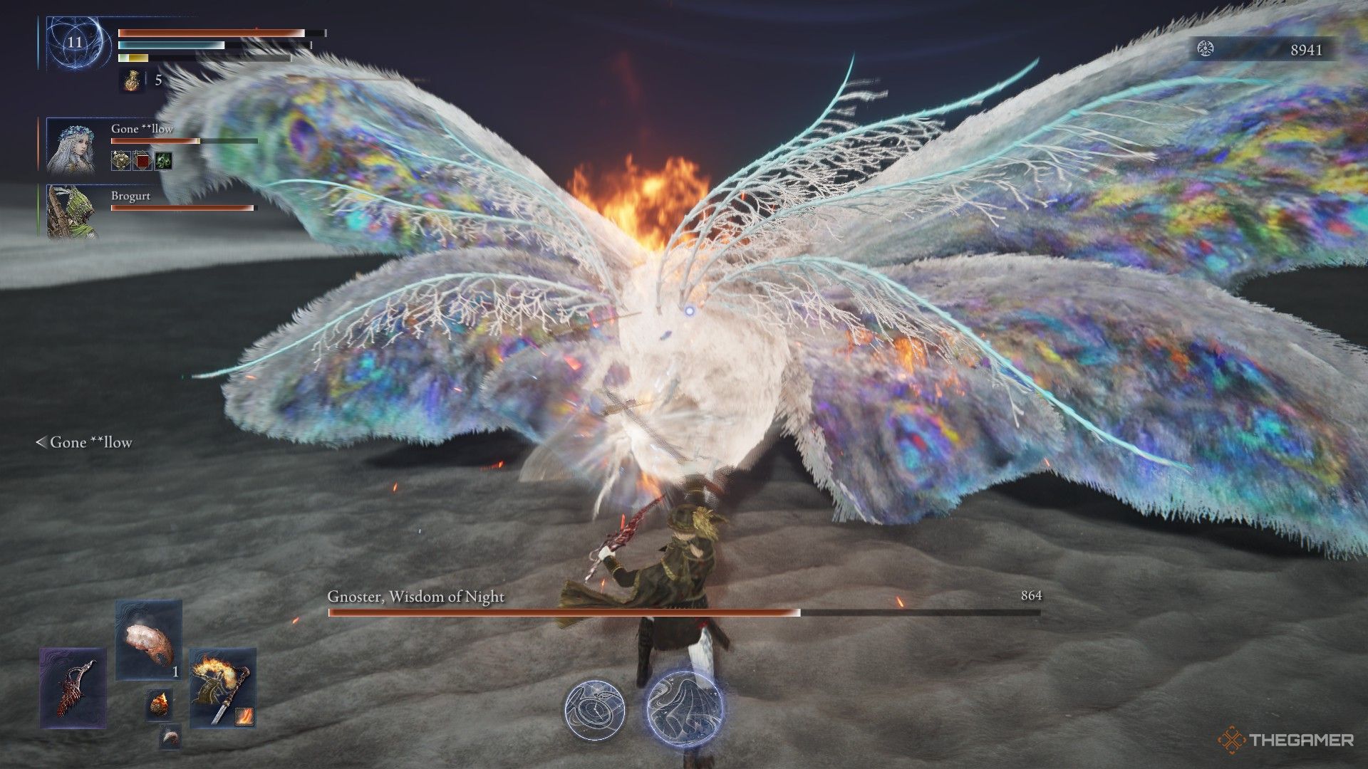 Duchess strikes the Sentient Pest Moth in Elden Ring Nightreign.