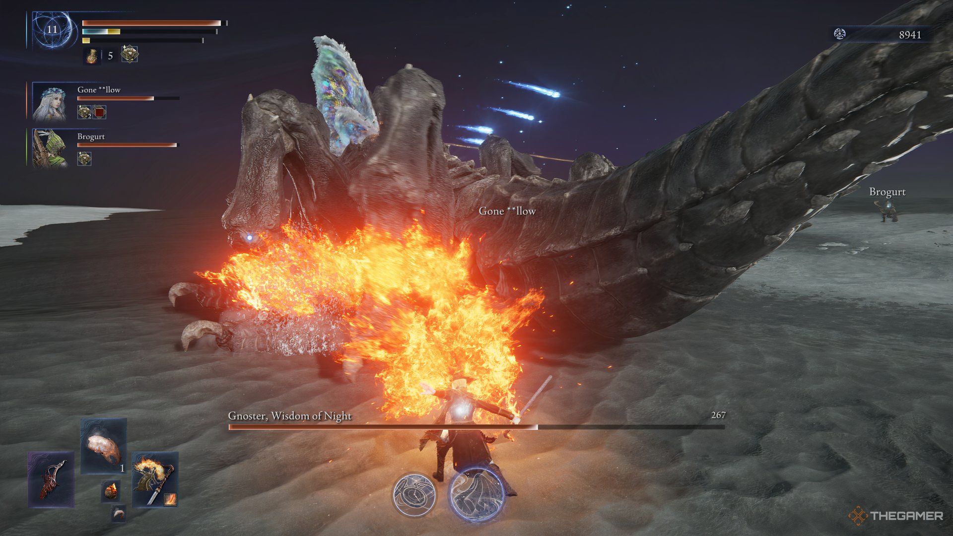 Duchess uses Flame of the Redmanes on the Sentient Pest in Elden Ring Nightreign.