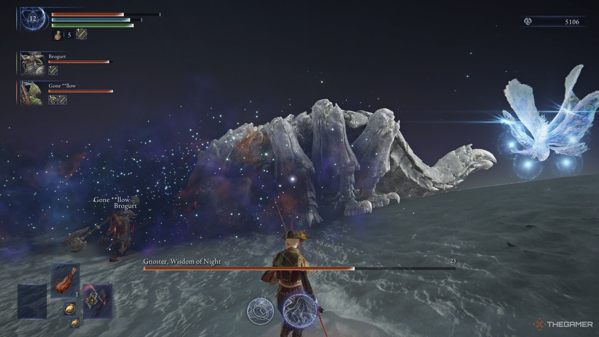 Duchess stands back as the Sentient Pest uses poison mist and fires magic beams in Elden Ring Nightreign.