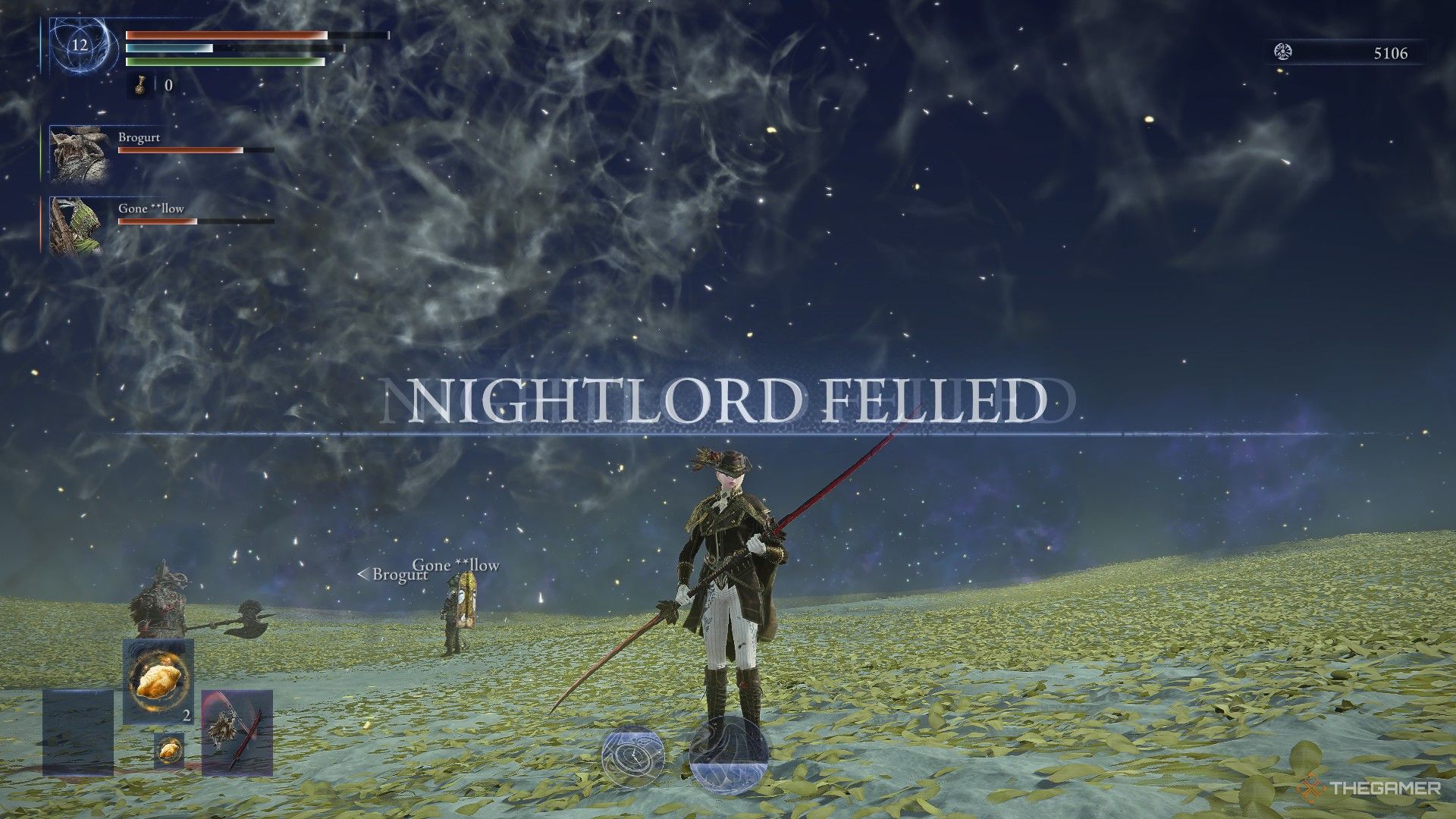 Duchess stands posing over the defeated Sentient Pest with the words Nightlord Felled in Elden Ring Nightreign.