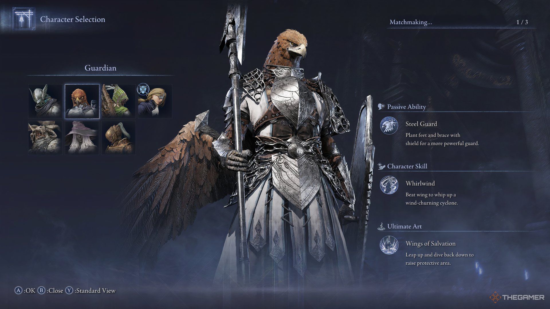 Player looks at Guardian's traits in the character selection menu in Elden Ring Nightreign.