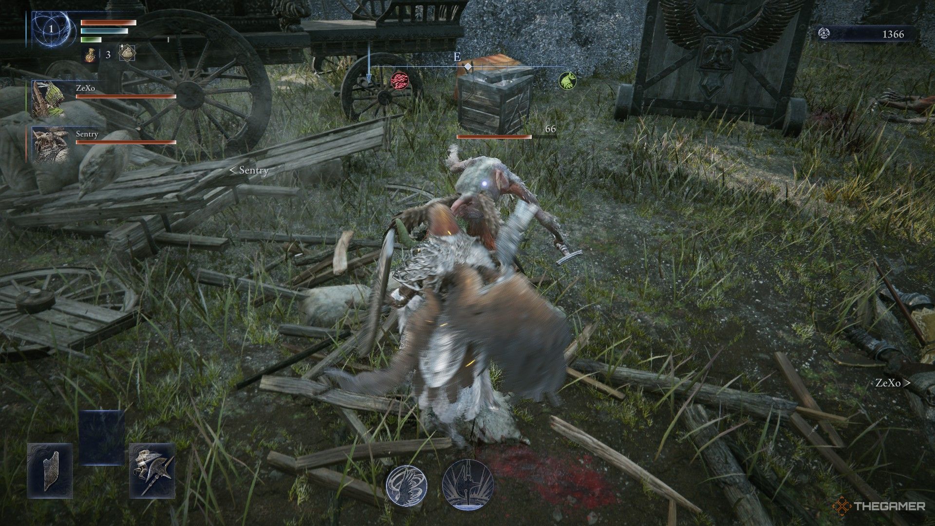 Guardian attacks a demihuman in an encampment in Elden Ring Nightreign.