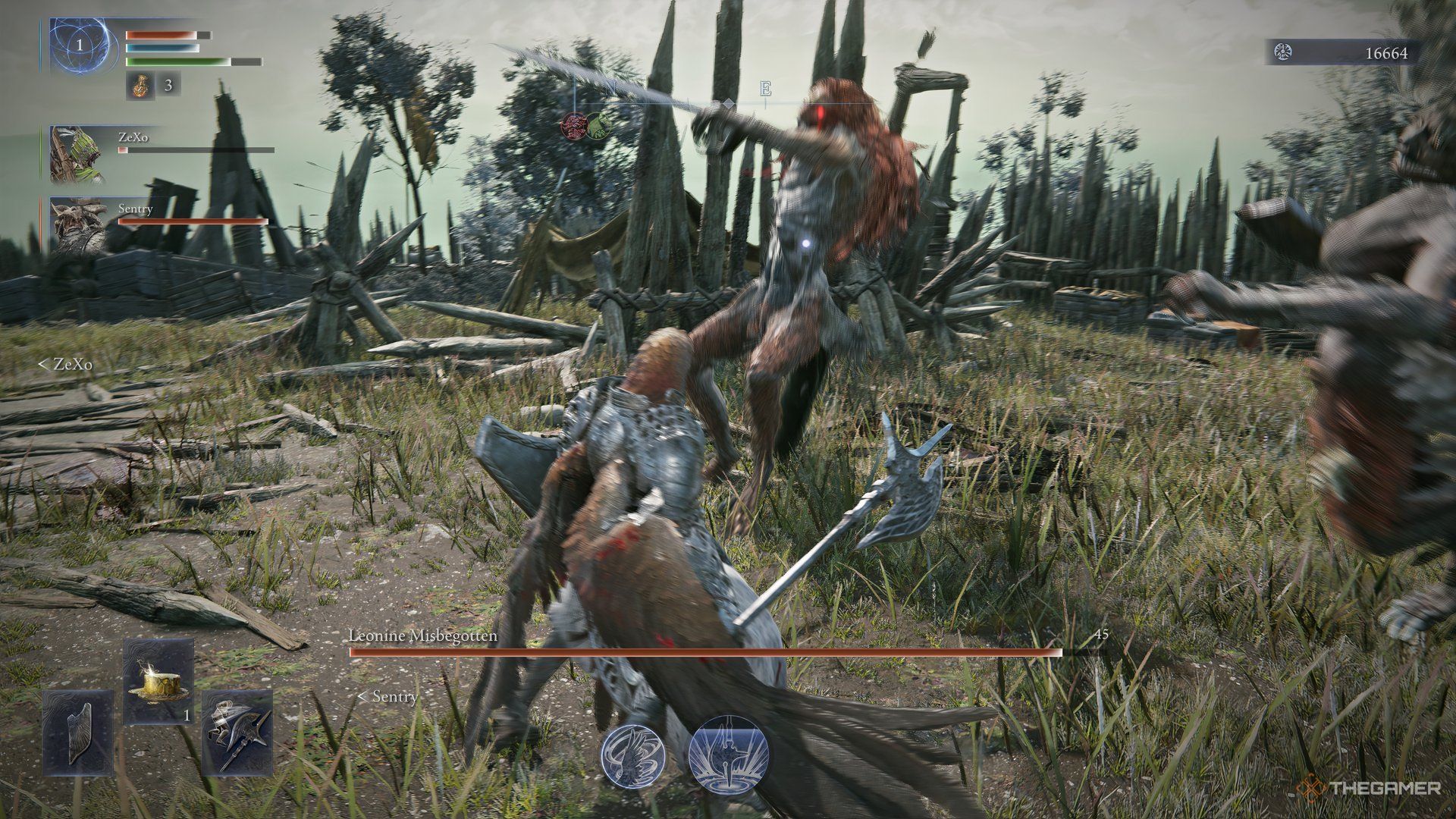 Guardian raises his shield against n attacking Leonine Misbegotten in Elden Ring Nightreign.