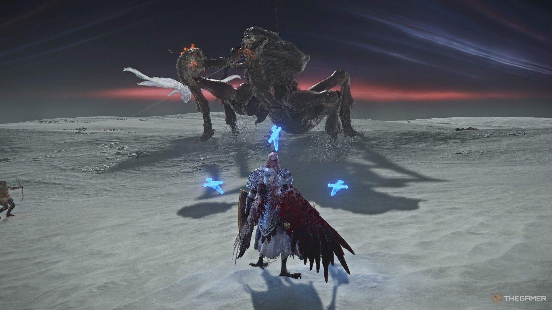 Guardian looks toward the Sentient Pest with a glintstone phalanx active in Elden Ring Nightreign.