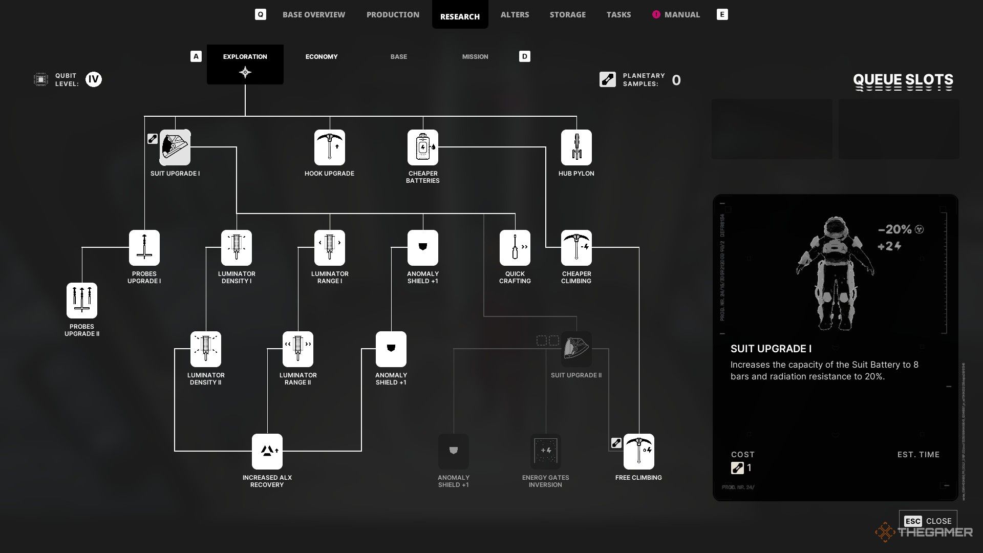the research screen in the alters with suit upgrade 1 highlighted.