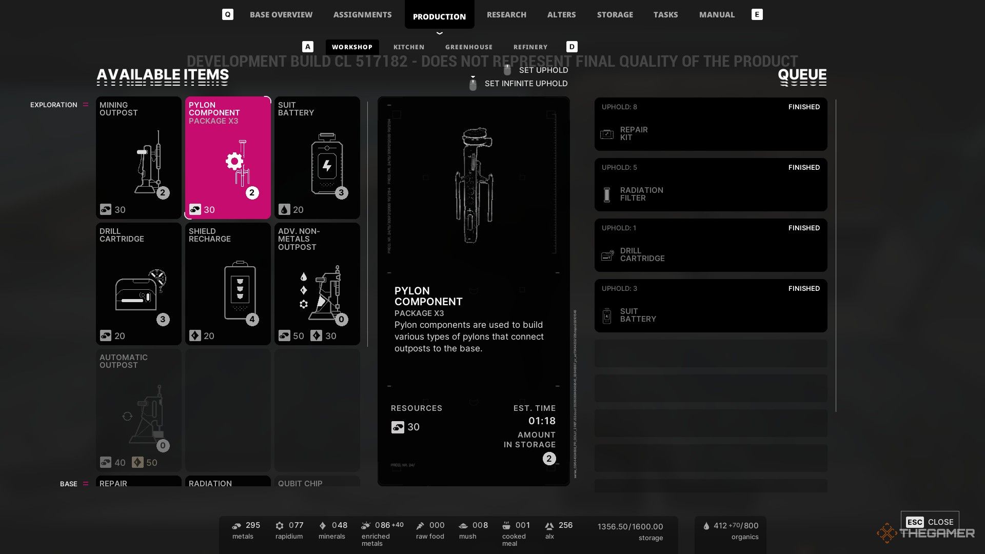 pylon components are crafted in the workshop in the alters.