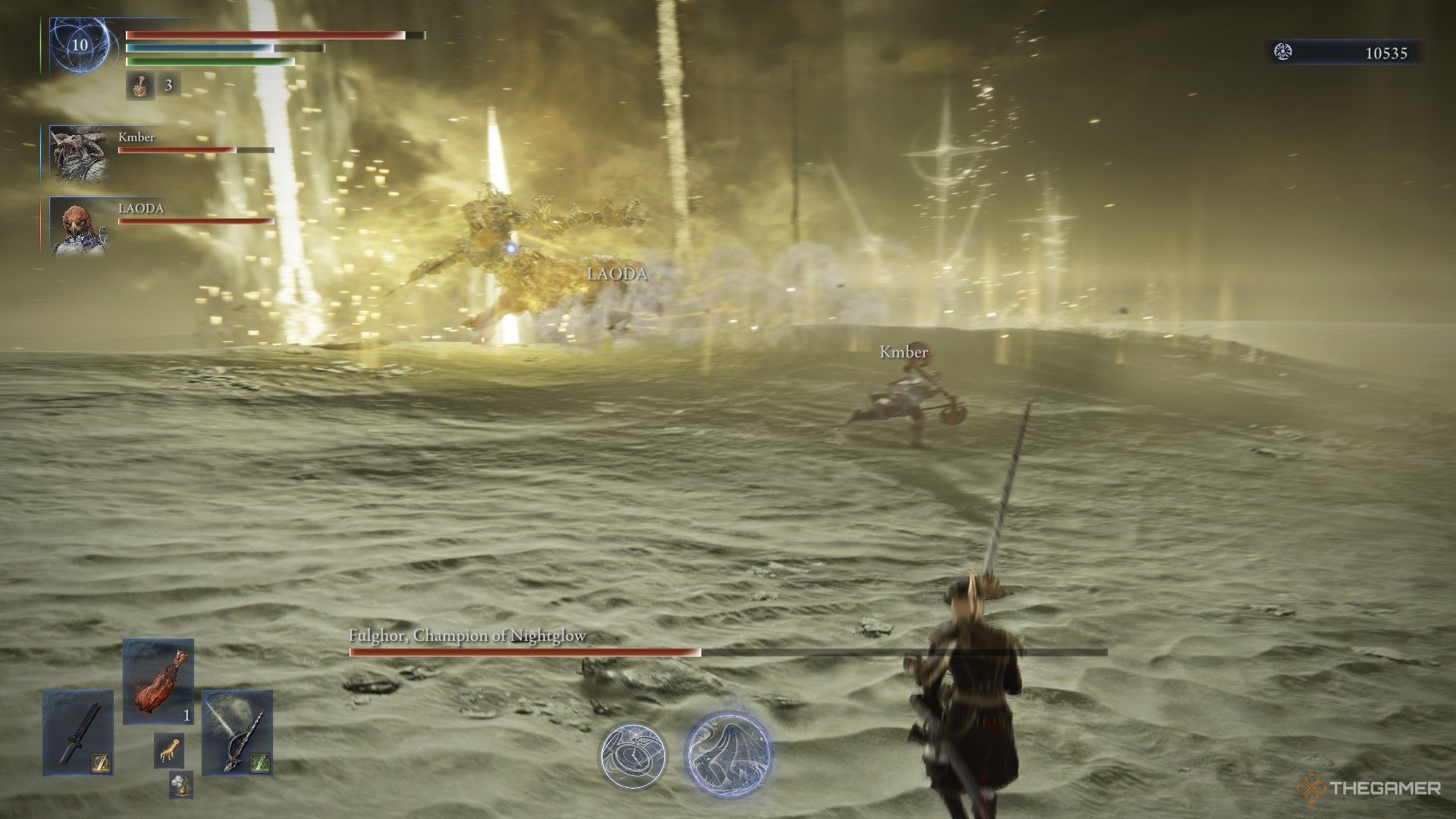 Duchess watches the Darkdrift Knight plow through Raider and Guardian in Elden Ring Nightreign.
