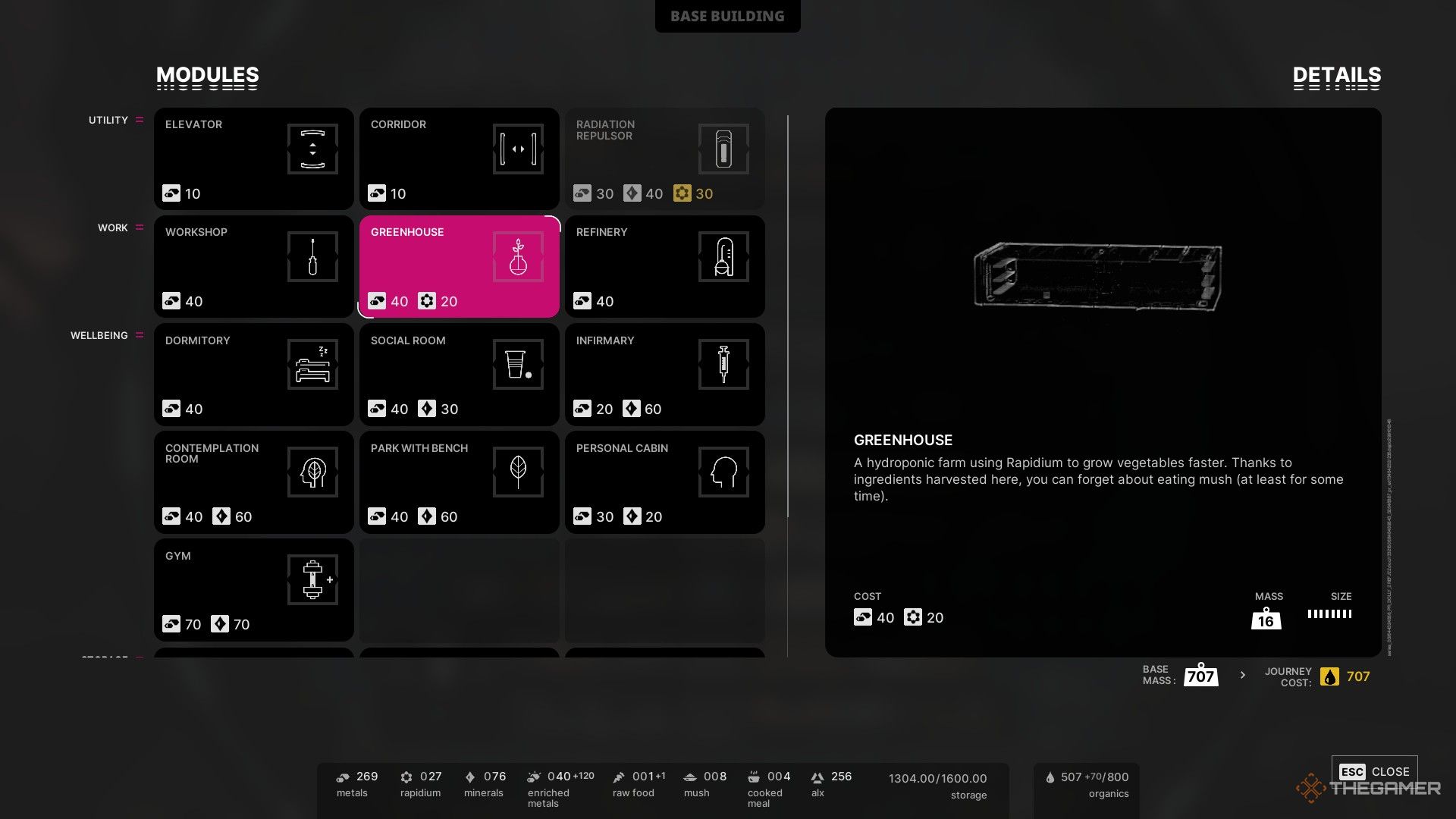 the greenhouse room module is selected for construction in the alters.
