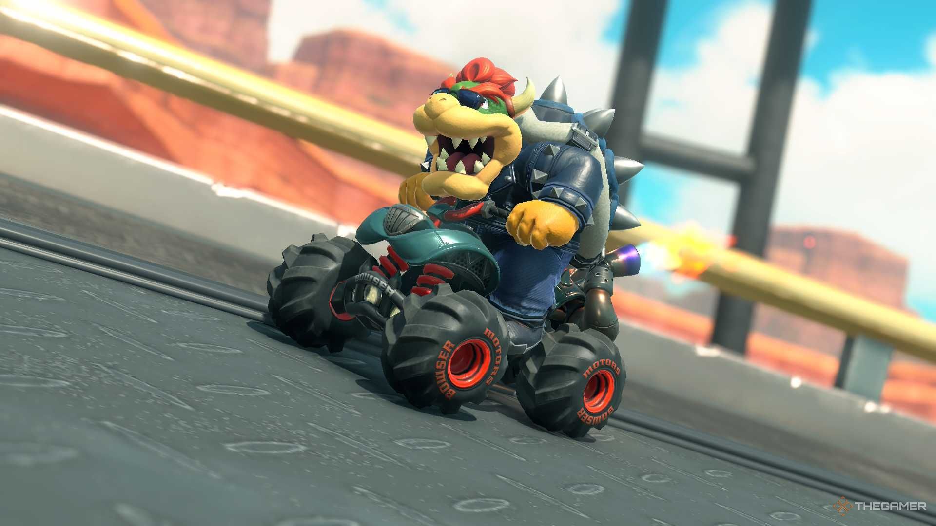 Bowser boosting in Mario Kart World.