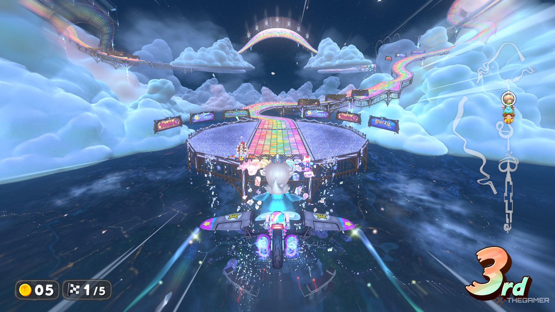Rosalina flies into Rainbow Road in Mario Kart World.
