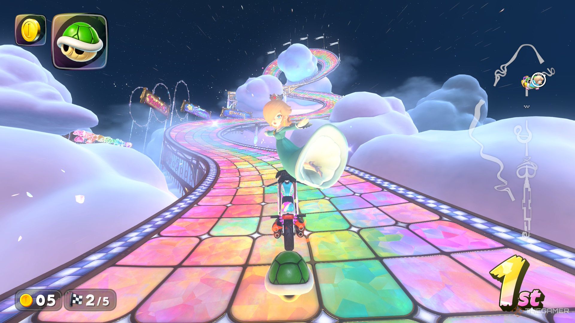 Rosalina performs a bike trick midair in Mario Kart World.