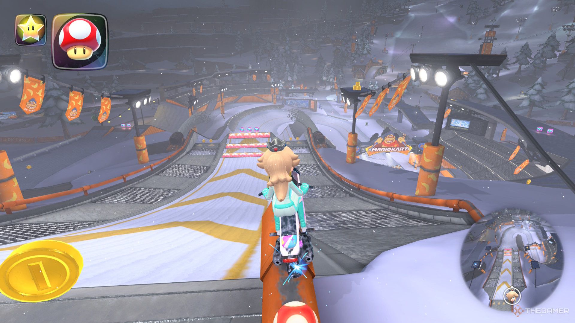 Rosalina rides on the pipes on DK Pass to do tricks in Mario Kart World.