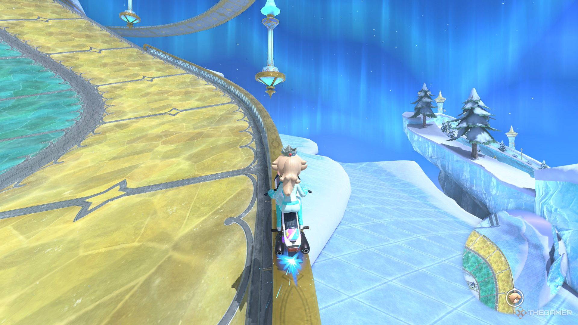Rosalina rides on a rail on DK Pass in Mario Kart World.