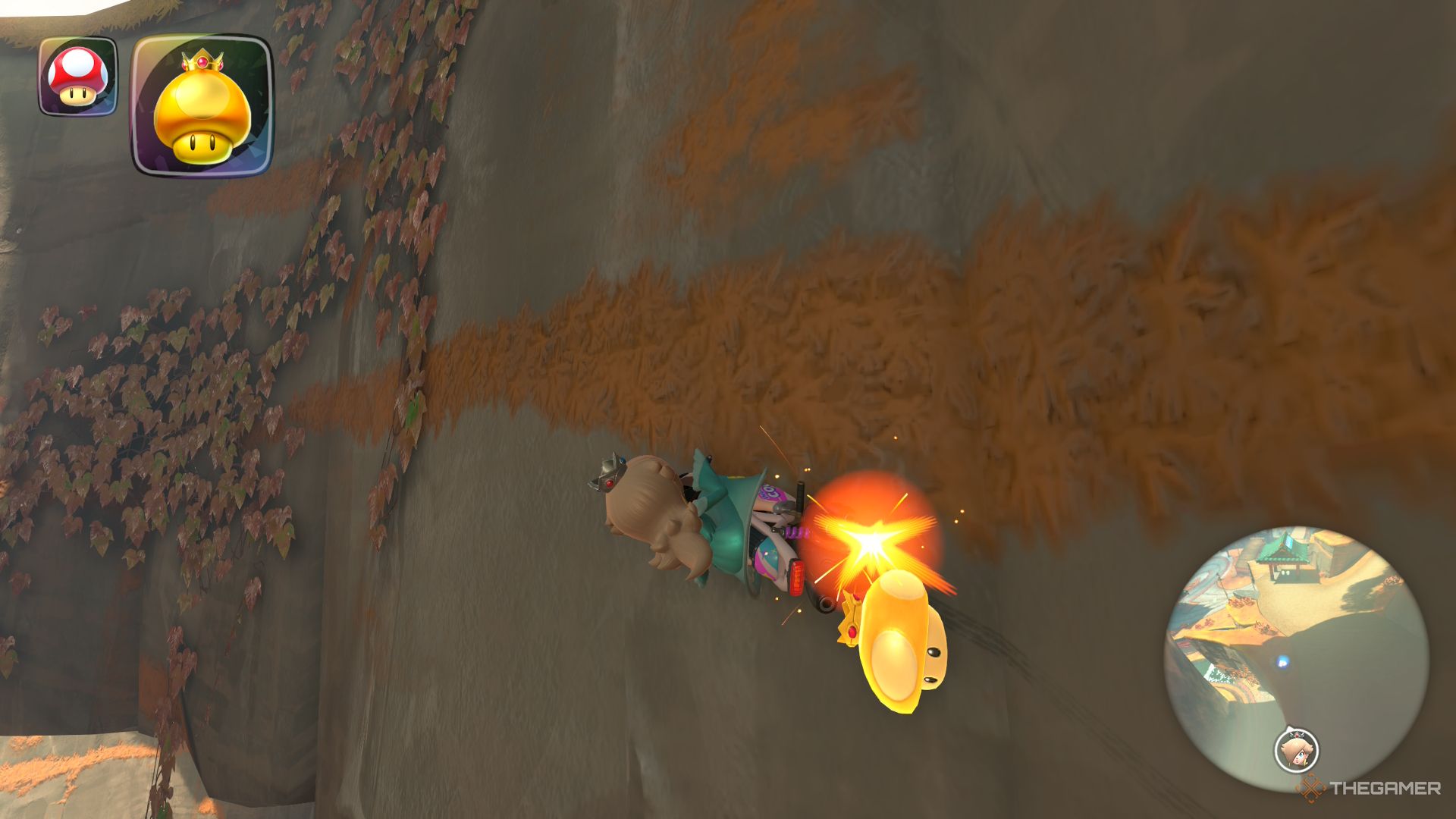 Rosalina rides on a wall in Mario Kart World.