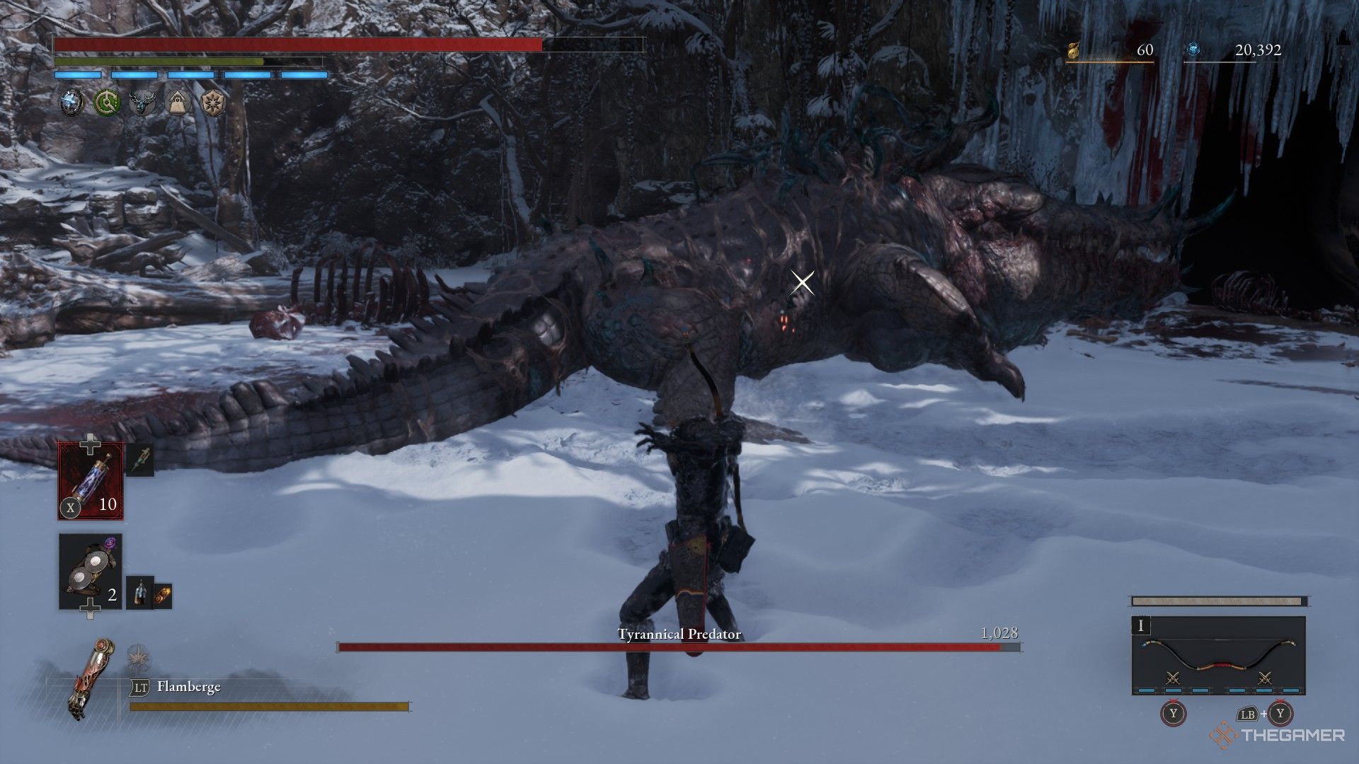 Player uses their bow to fire on the Tyrannical Predator moments before a Tail Whip in Lies of P: Overture.