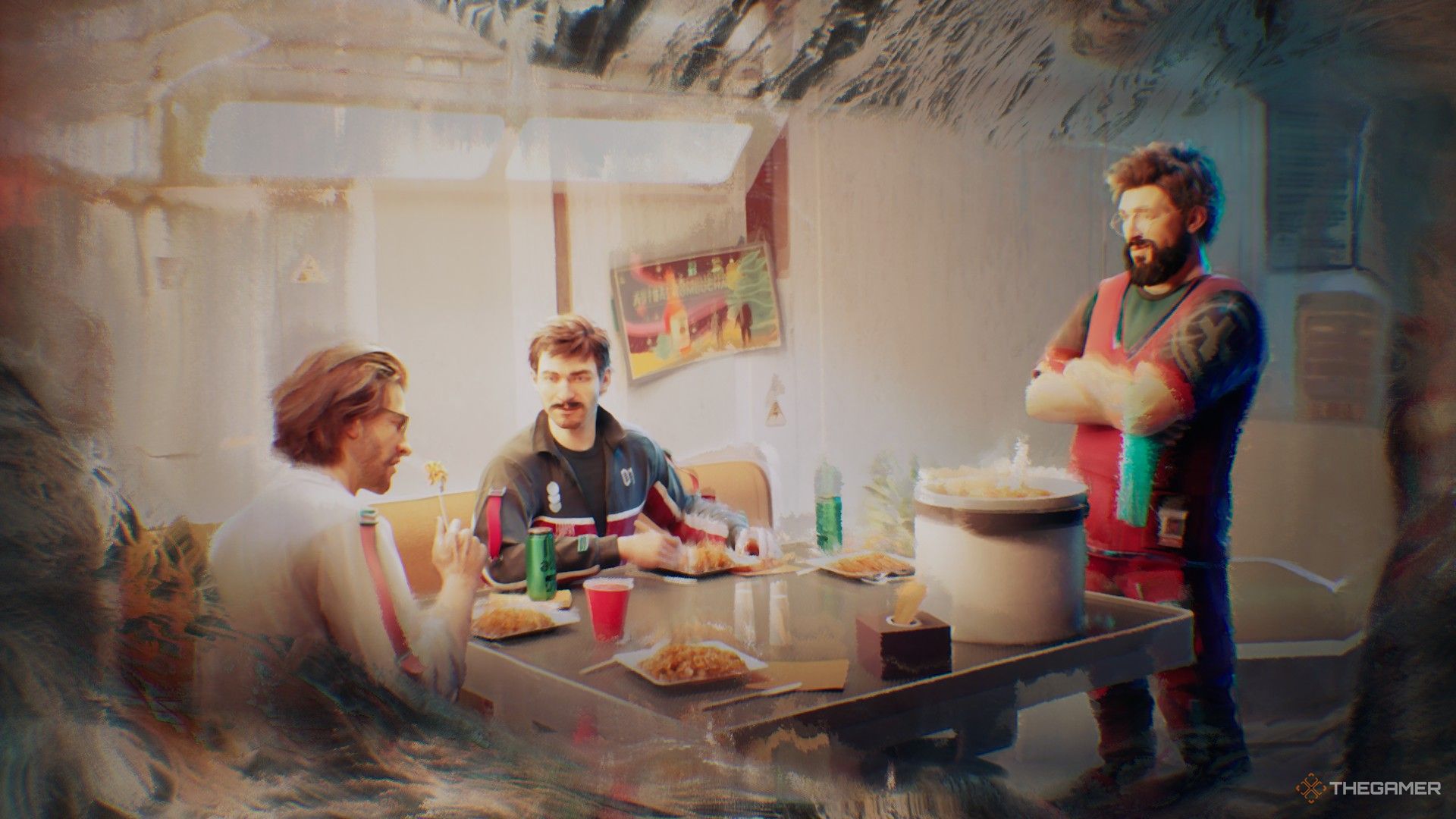 the doctor shares a feast with the crew in the alters.
