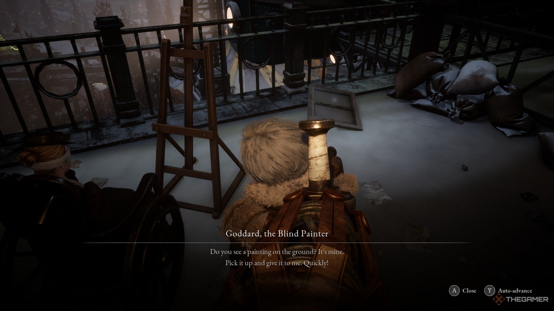 Player spies the canvas on the ground near Goddard, the Blind Painter in Lies of P: Overture.