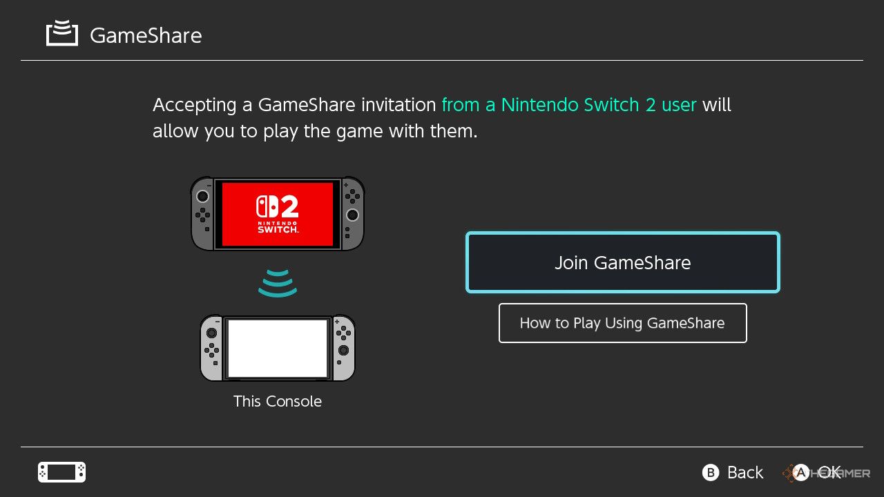 The gameshare menu on an original switch.