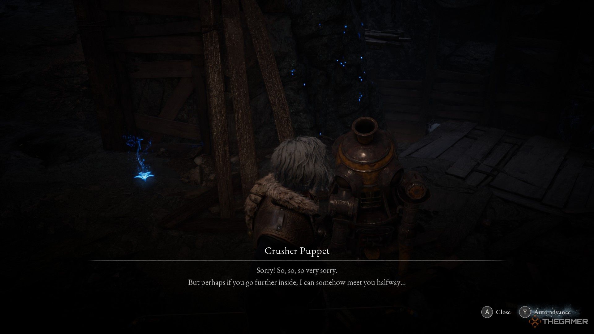 Player talks with the Crusher Puppet to agree to move on to the next location in Lies of P: Overture.