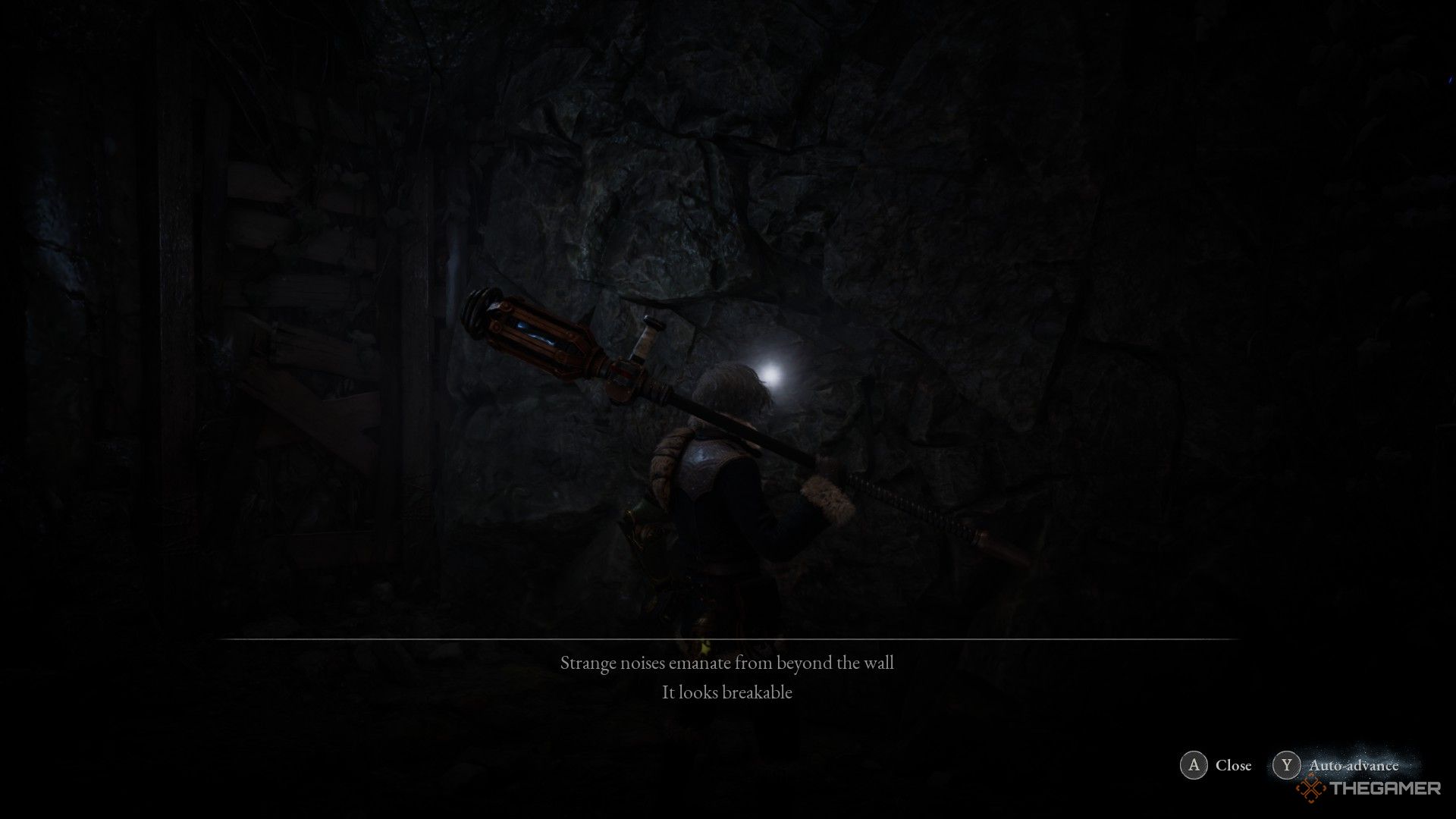 Player receives a special note from a broken collapsed wall in the mines in Lies of P: Overture.