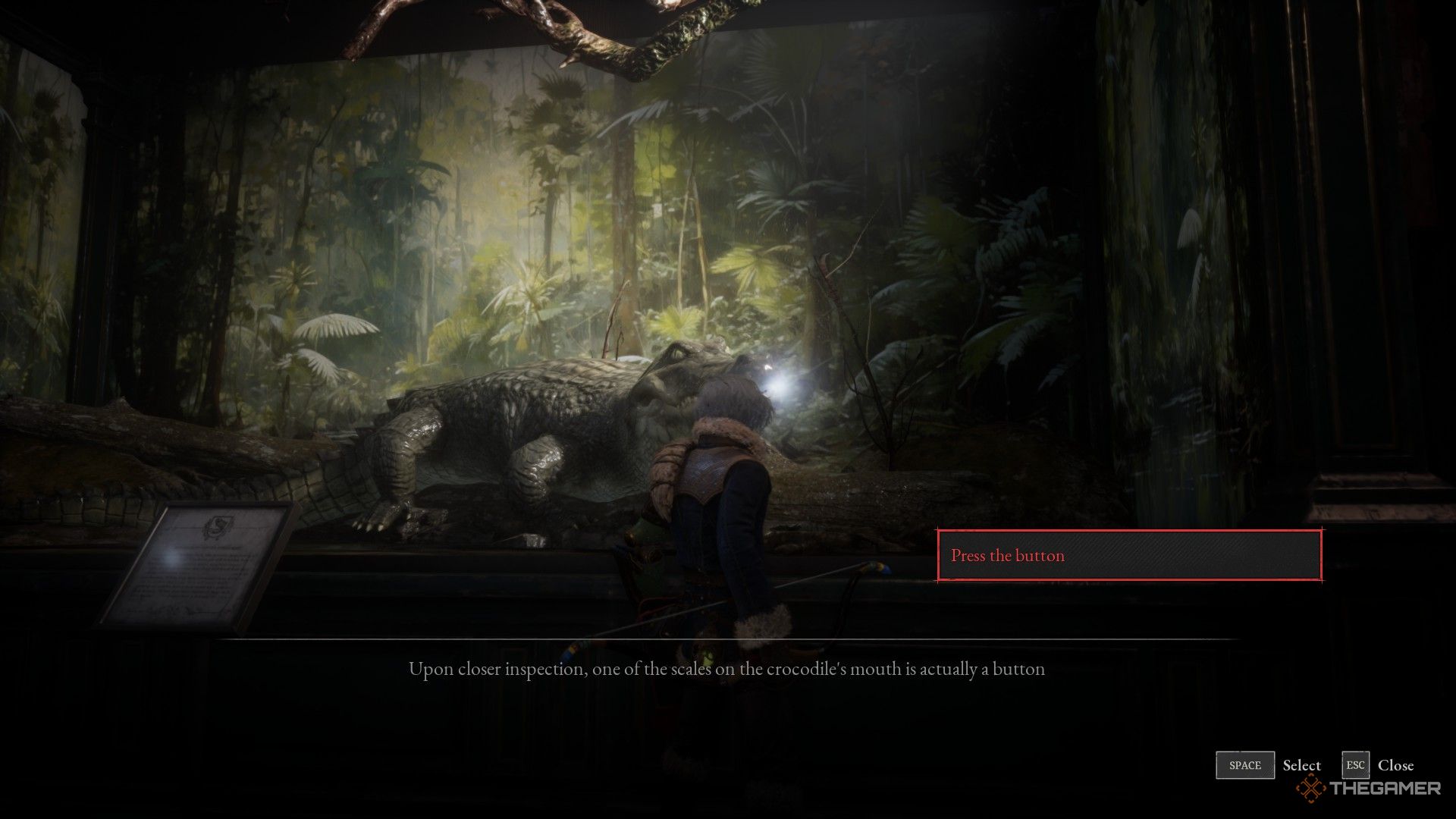 Player finds a button on the Krat Zoo crocodile exhibit in Lies of P: Overture.