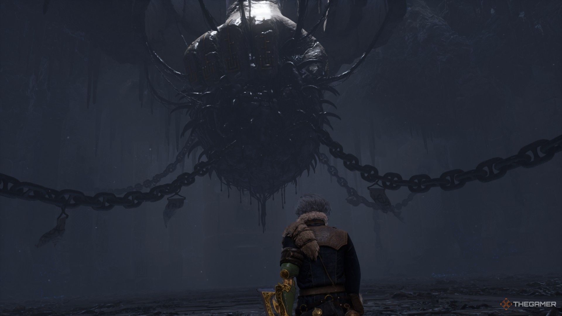 Игрок приближается к капсуле, удерживающей Стража Руин в Lies of P: Overture.