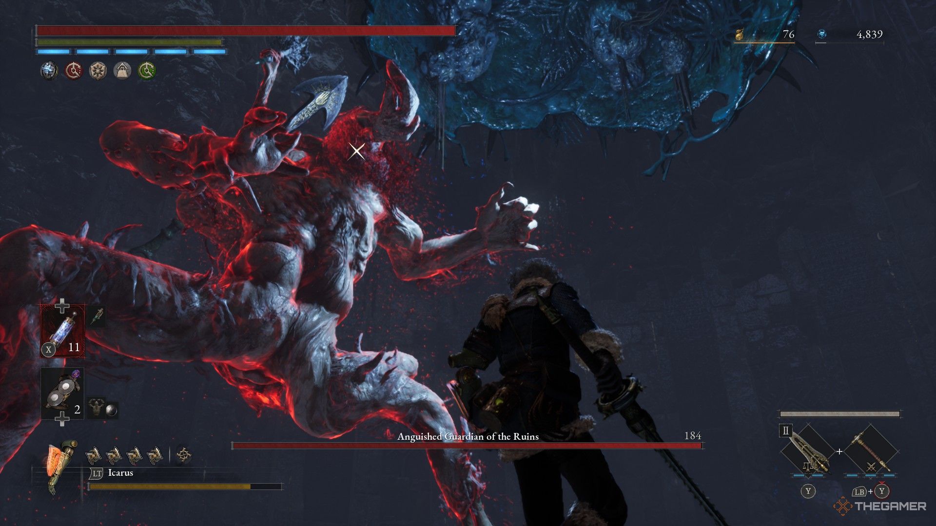 Anguished Guardian performs a fury attack above the player in Lies of P: Overture.