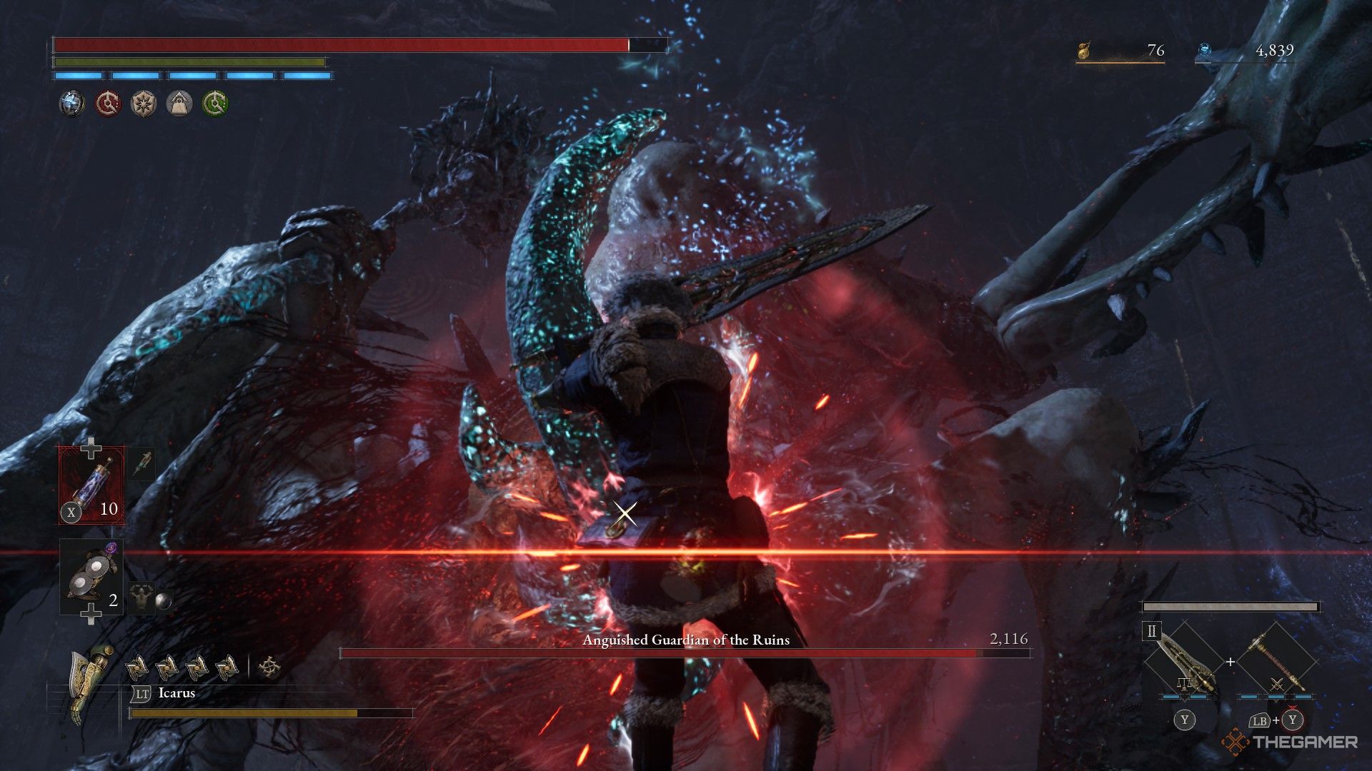 Player perfect parries an attack from the Anguished Guardian in Lies of P: Overture.