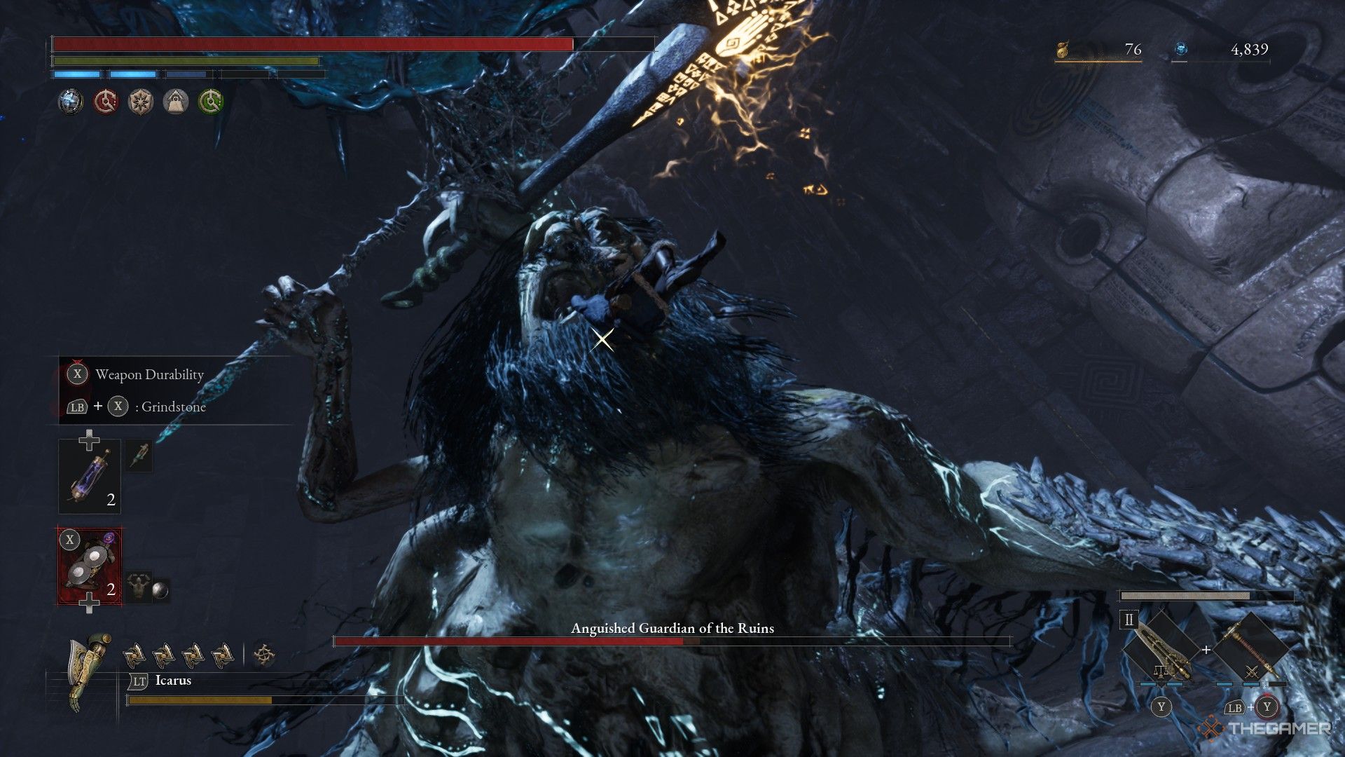 Player hangs off the mouth of a panicking Anguished Guardian in Lies of P: Overture.