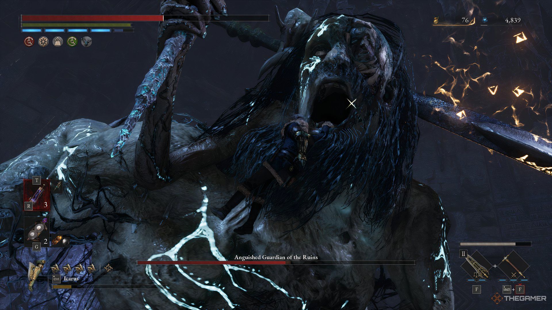 Player performs a critical hit on the Anguished Guardian and hangs from its bottom jaw in Lies of P: Overture.