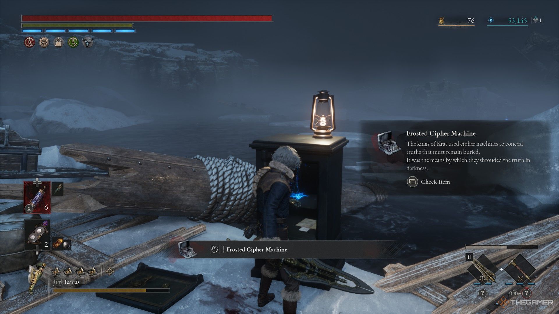 Player takes the Frosted Cipher Machine in Lies of P: Overture.